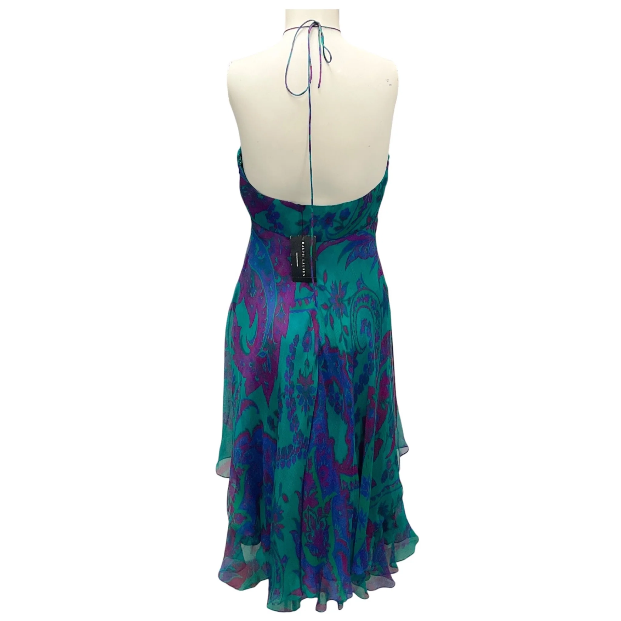 Ralph Lauren Black Label Teal / Blue / Purple Multi Printed Silk Halter Dress - Image 3
