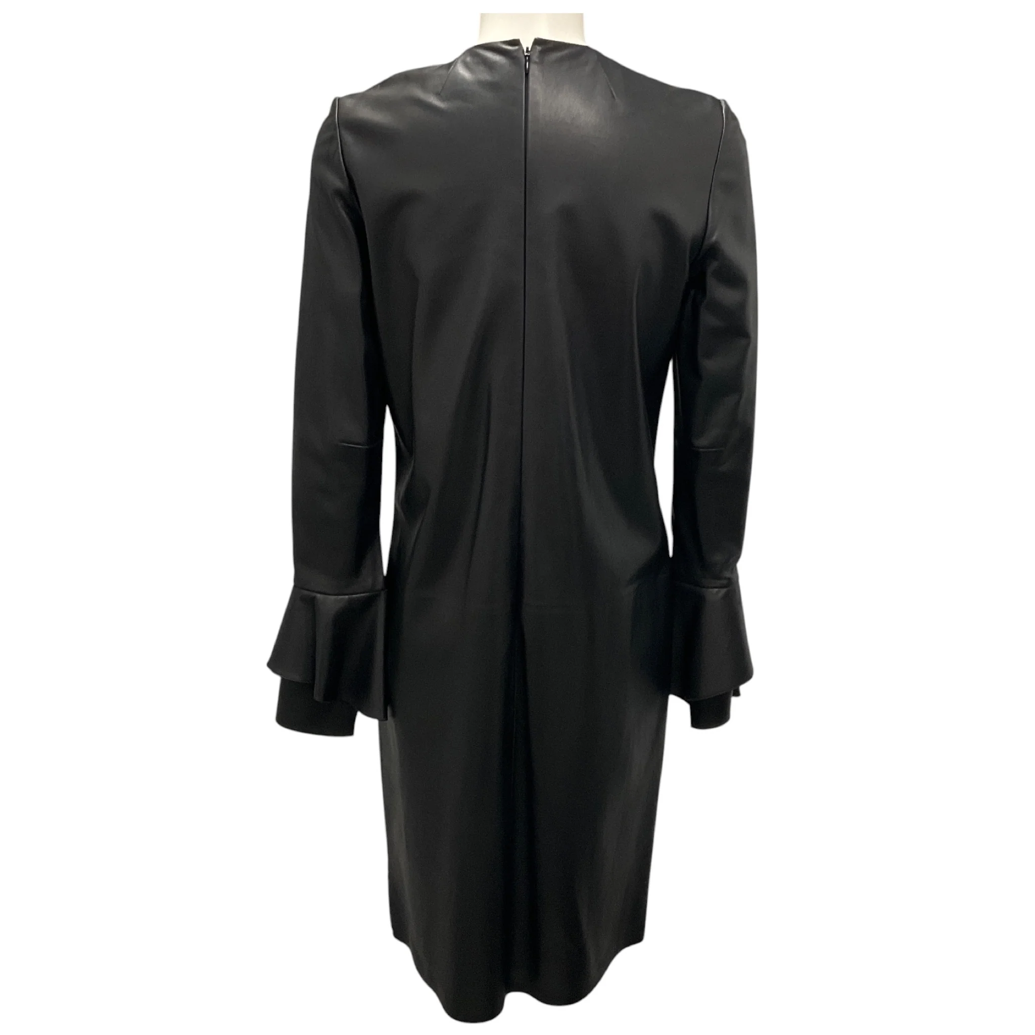 Ralph Lauren Collection Black Ruffled Detail Lambskin Leather Dress with Velvet Trim - Image 3