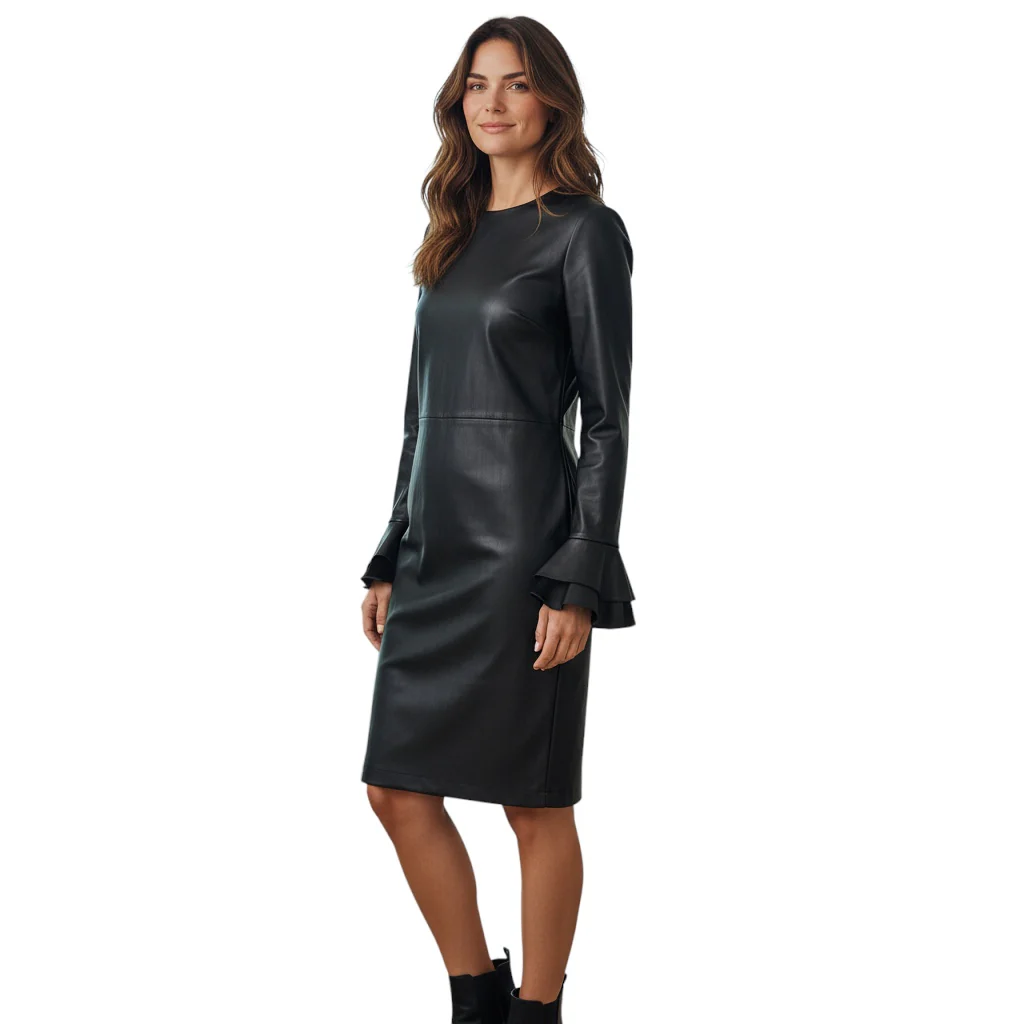 Ralph Lauren Collection Black Ruffled Detail Lambskin Leather Dress with Velvet Trim - Image 5