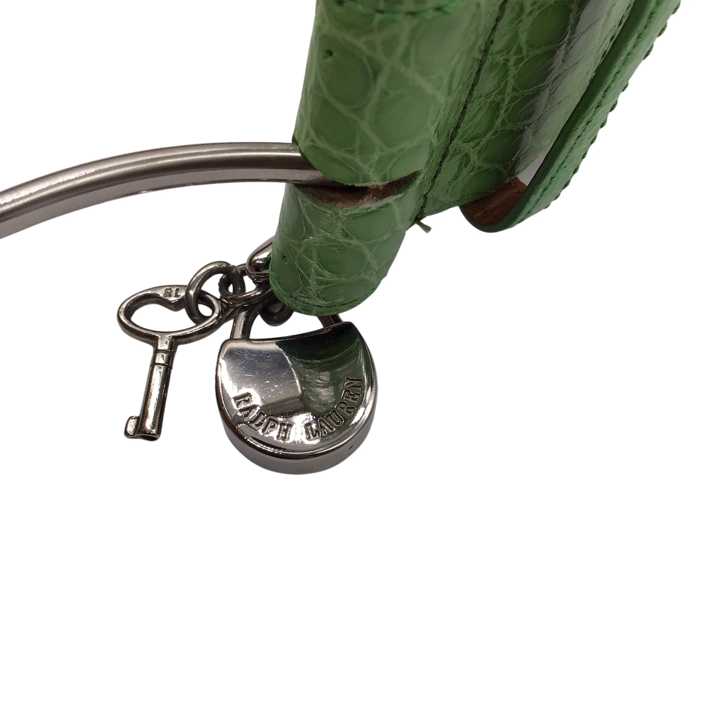 Ralph Lauren Green / Silver Lock Charm Wide Alligator Skin Leather Belt - Image 7