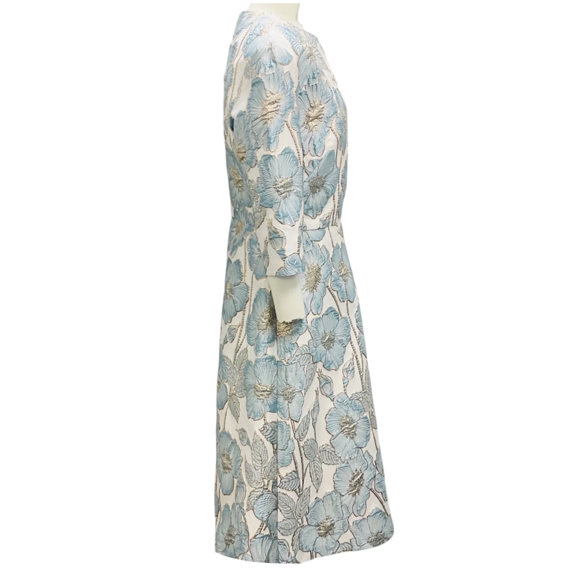 Reem Acra Light Blue / White / Gold Metallic Floral Jacquard Cocktail Dress - Image 2