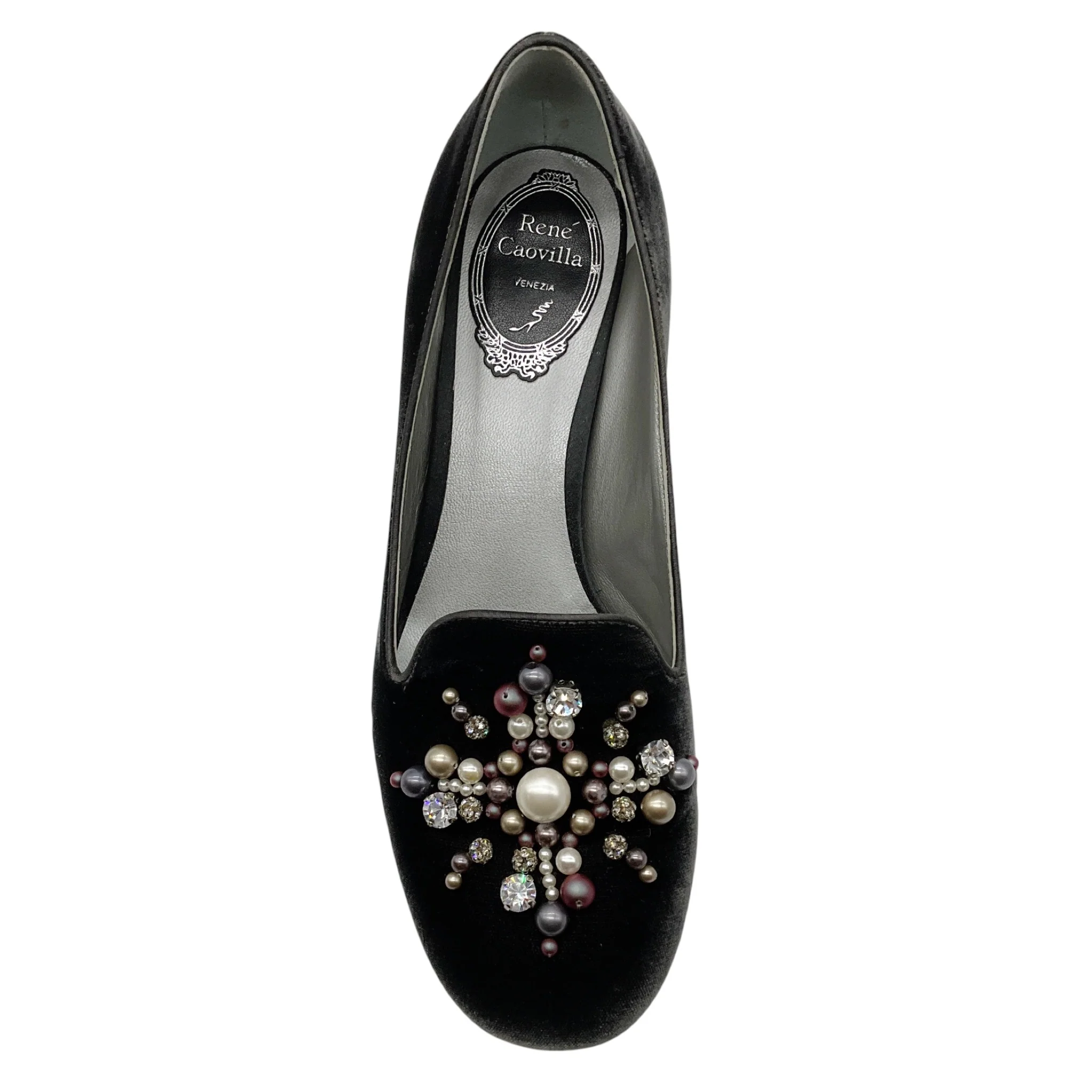 Rene Caovilla Grey Pearl and Crystal Embellished Velvet Loafers - Image 4