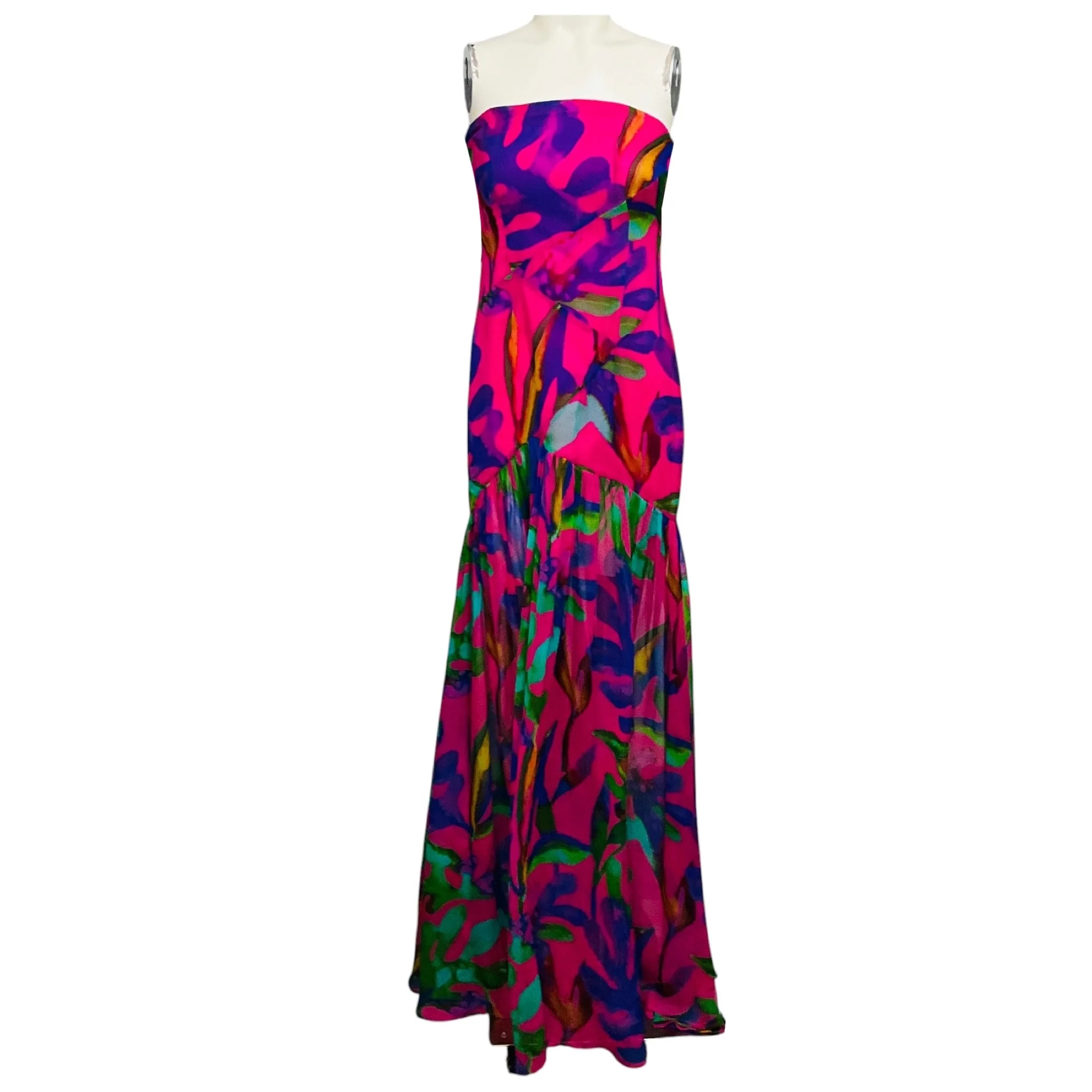 Retrofete Fuchsia Pink Multi Strapless Silk Maxi Dress