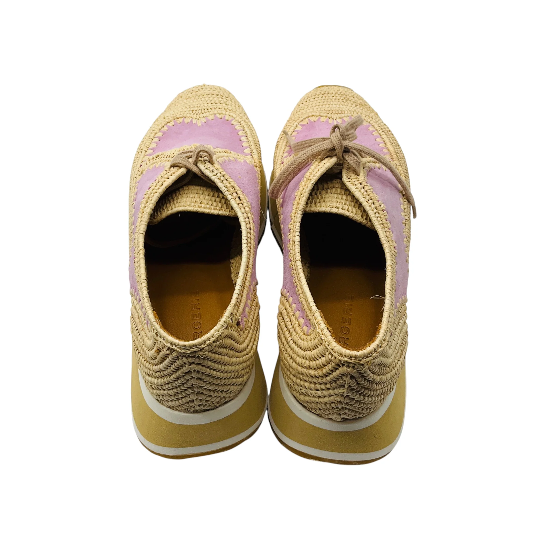 Robert Clergerie Natural / Pink Suede and Raffia Derby Platform Shoes - Image 5
