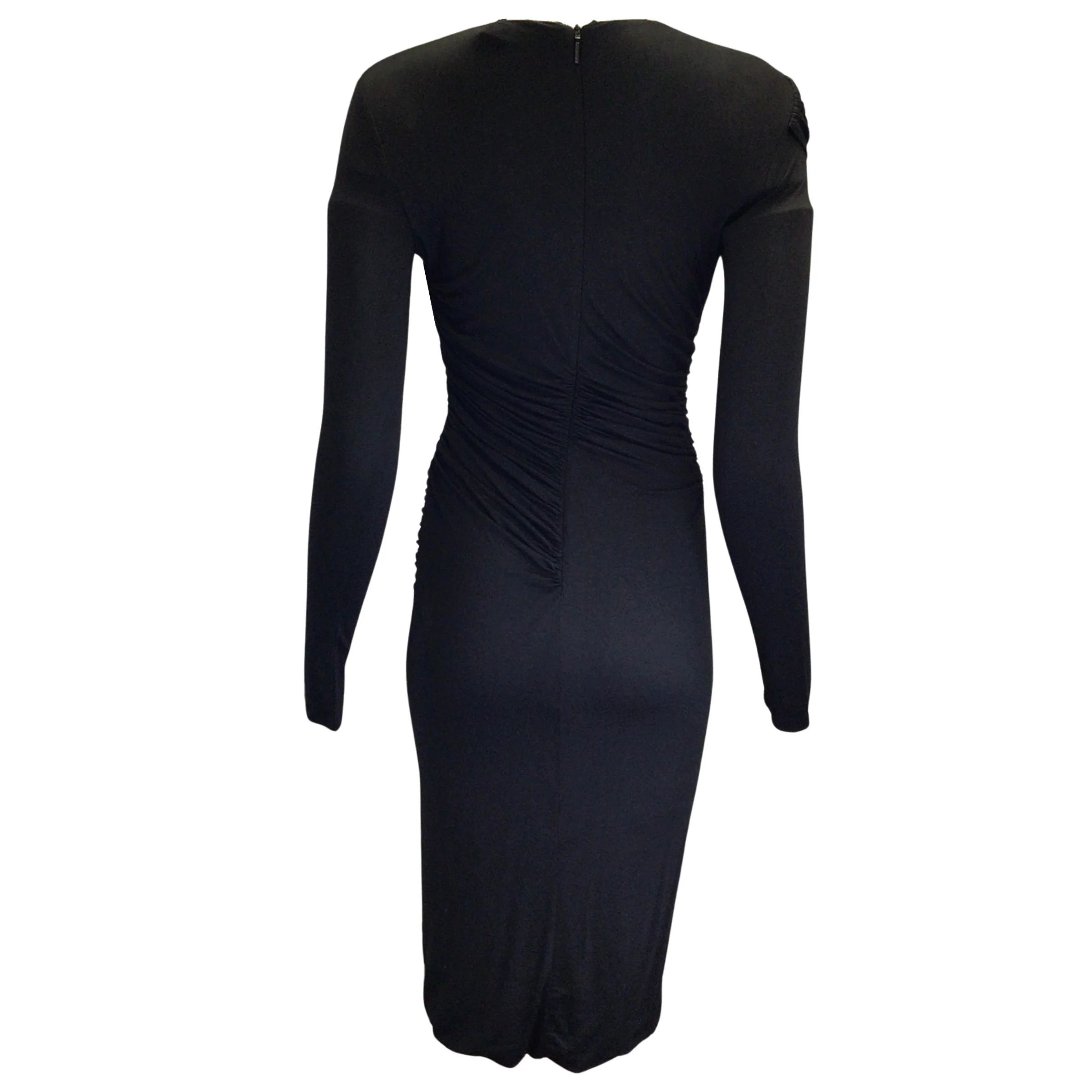 Roberto Cavalli Black / Gold Tiger Tooth Charm Detail Ruched Long Sleeved Fitted Midi Dress - Image 3