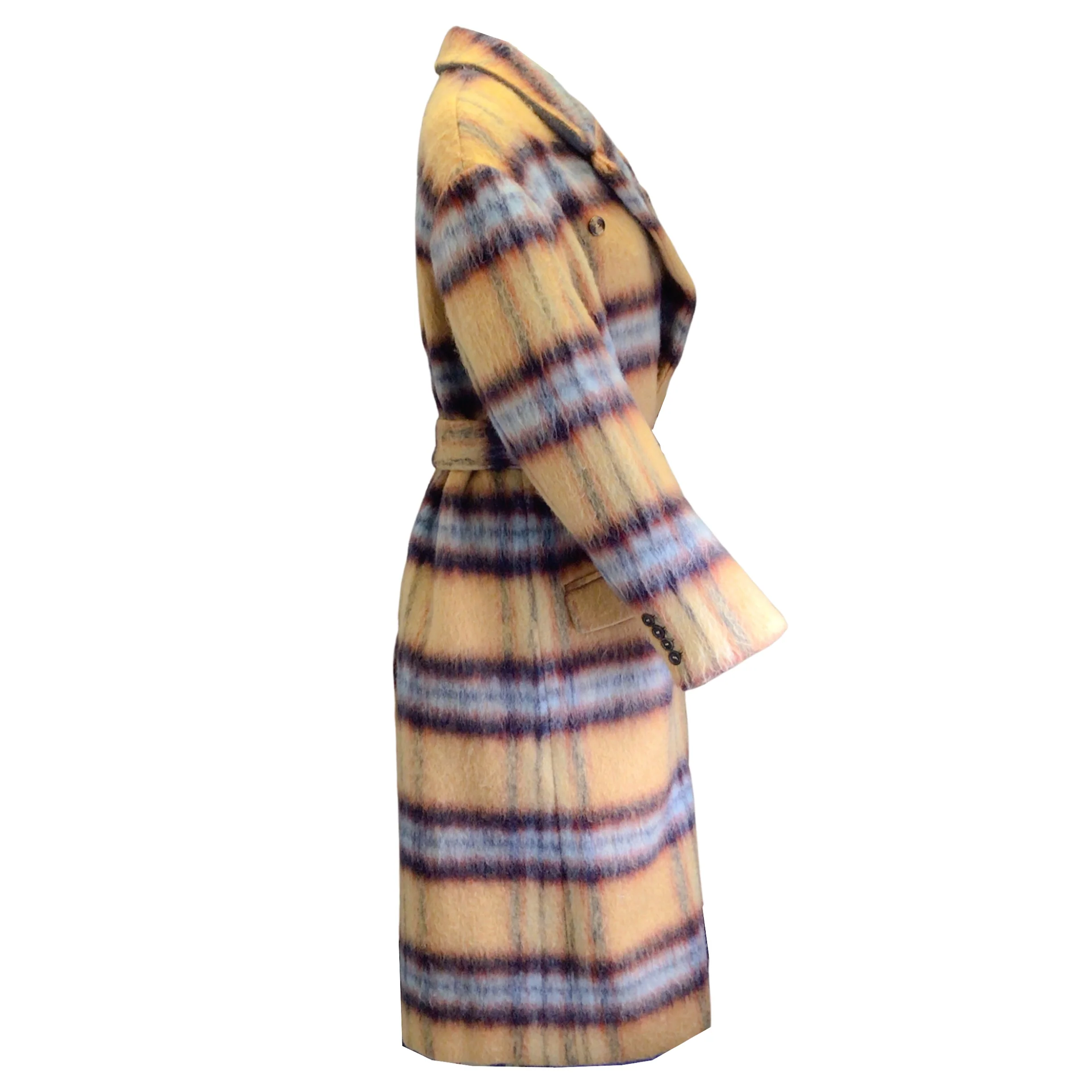 Rokh Mustard Yellow / Blue Multi Plaid Pattern Wool Trench Coat - Image 2