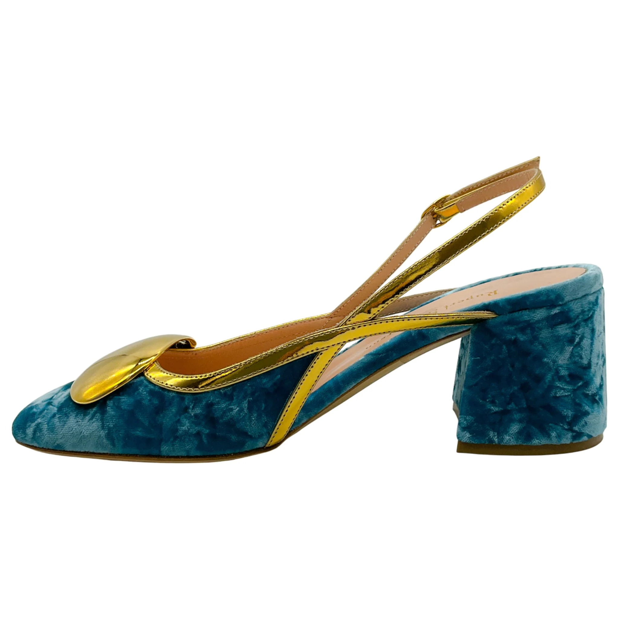 Rupert Sanderson Aqua Velvet Cavalla Slingback Pumps with Gold - Image 3