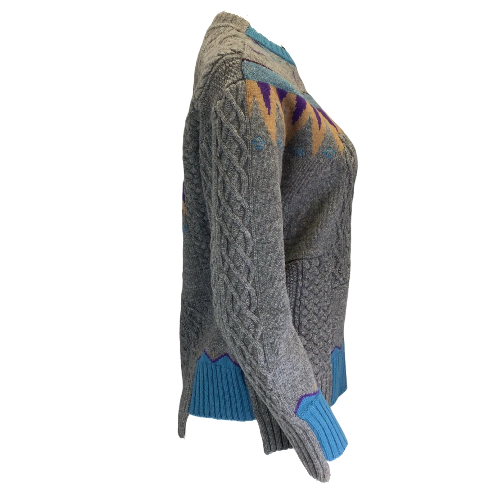 Sacai Grey / Blue Multi Patchwork Cable Knit Wool Sweater - Image 2