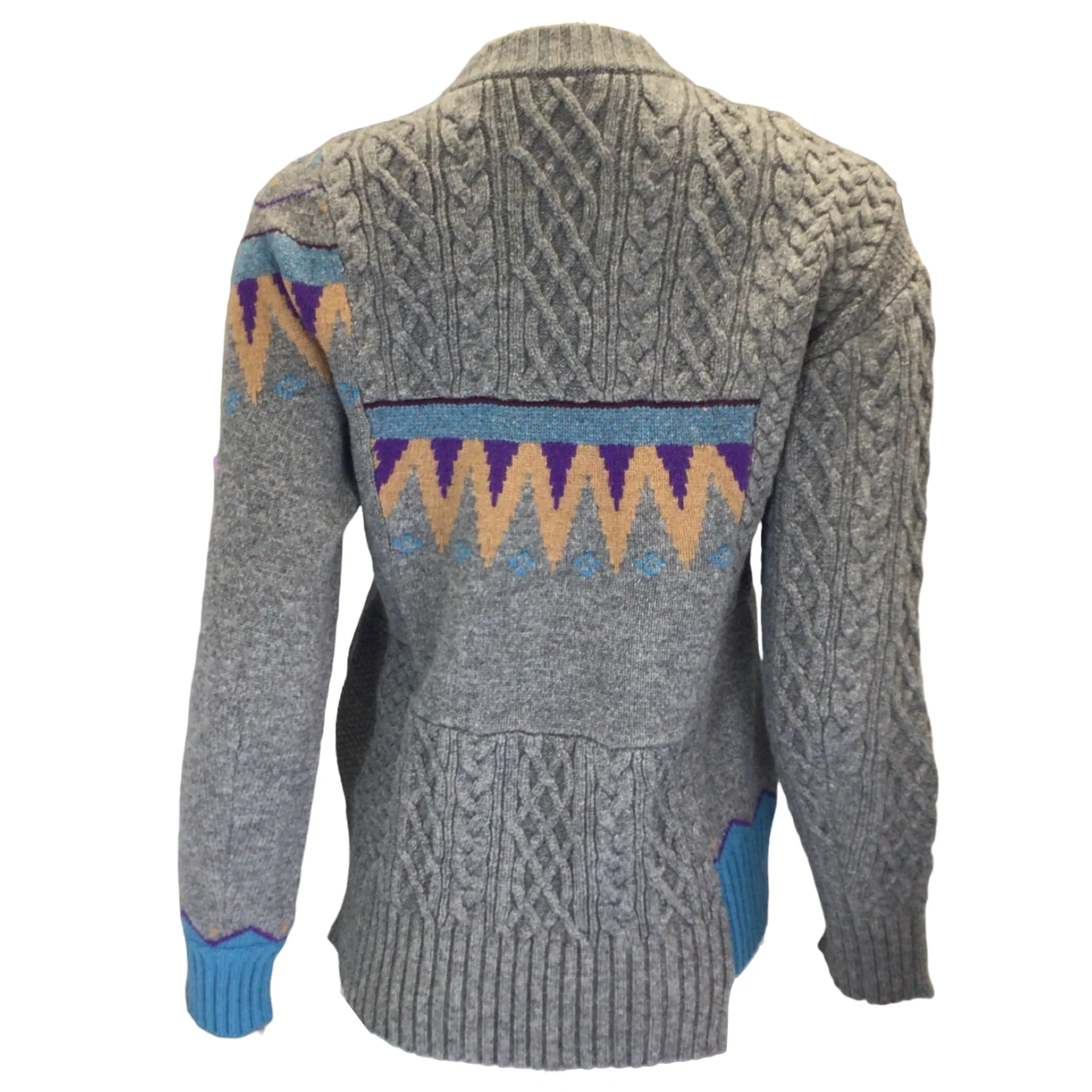Sacai Grey / Blue Multi Patchwork Cable Knit Wool Sweater - Image 3