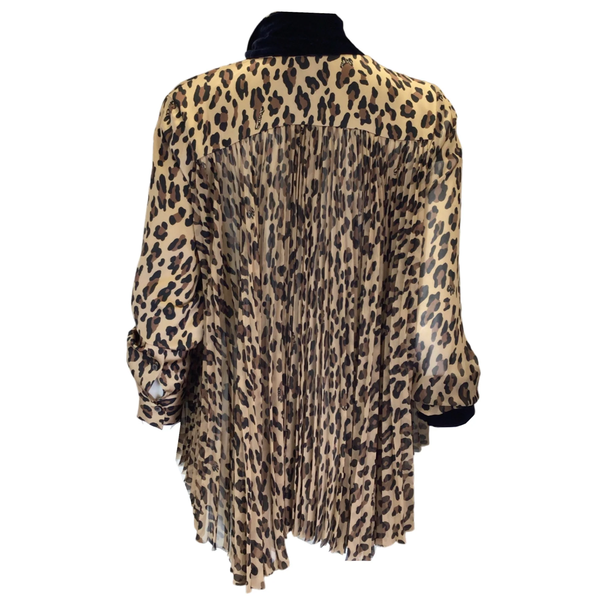 Sacai Tan / Brown / Black / Navy Blue Velvet Tie-Neck Pleated Leopard Printed Satin and Crepe Blouse - Image 3