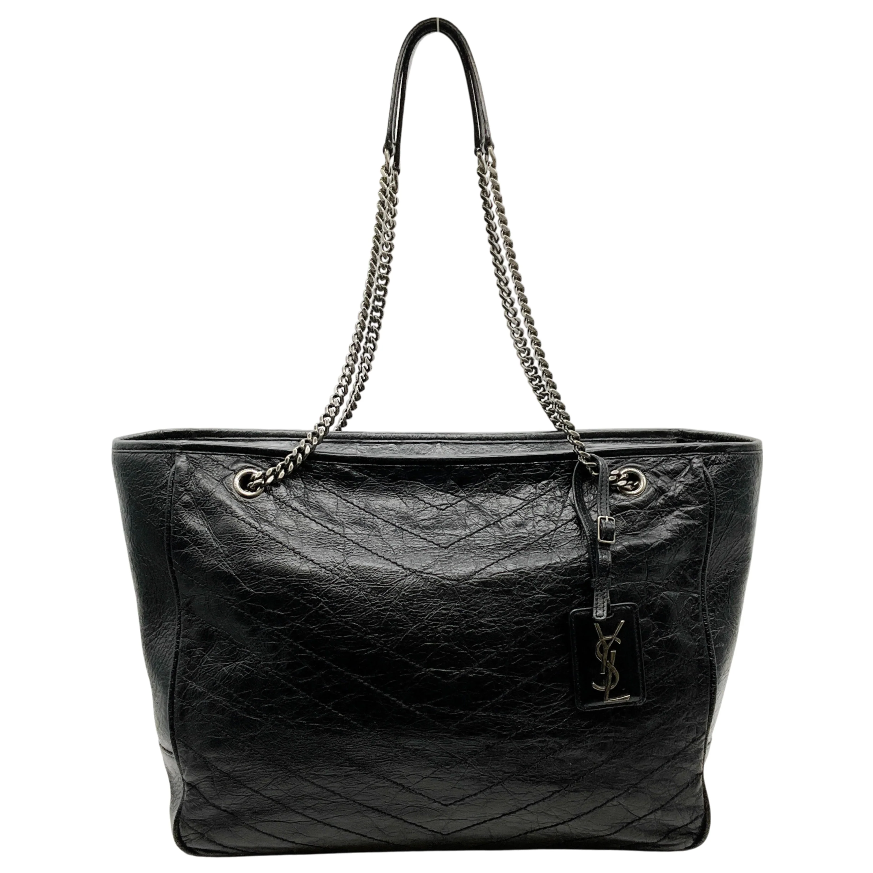 Saint Laurent Black Chevron Leather Niki Zippered Tote