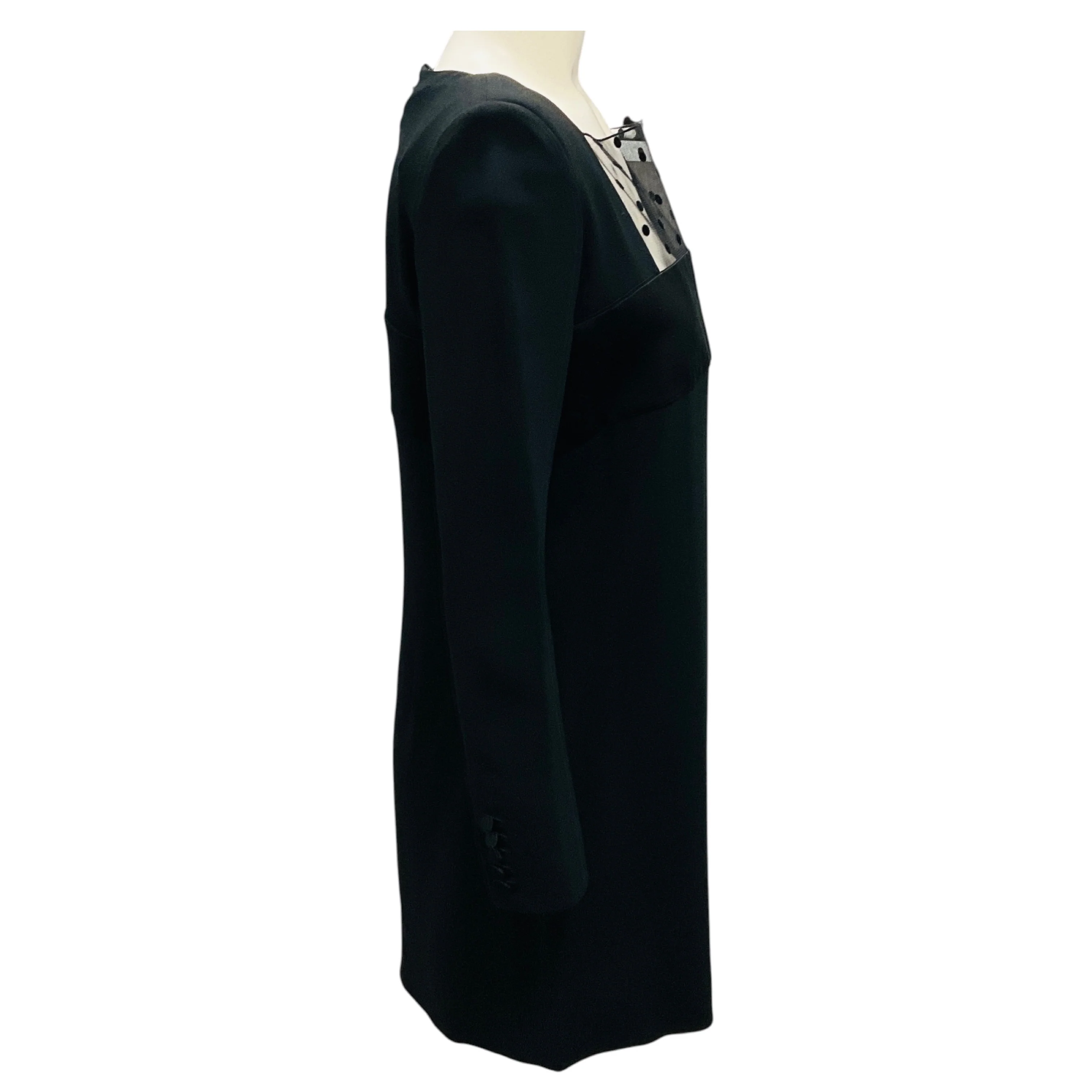 Saint Laurent Black Long Sleeved Crepe Mini Dress with Mesh Tulle Polka Dot Trim - Image 2