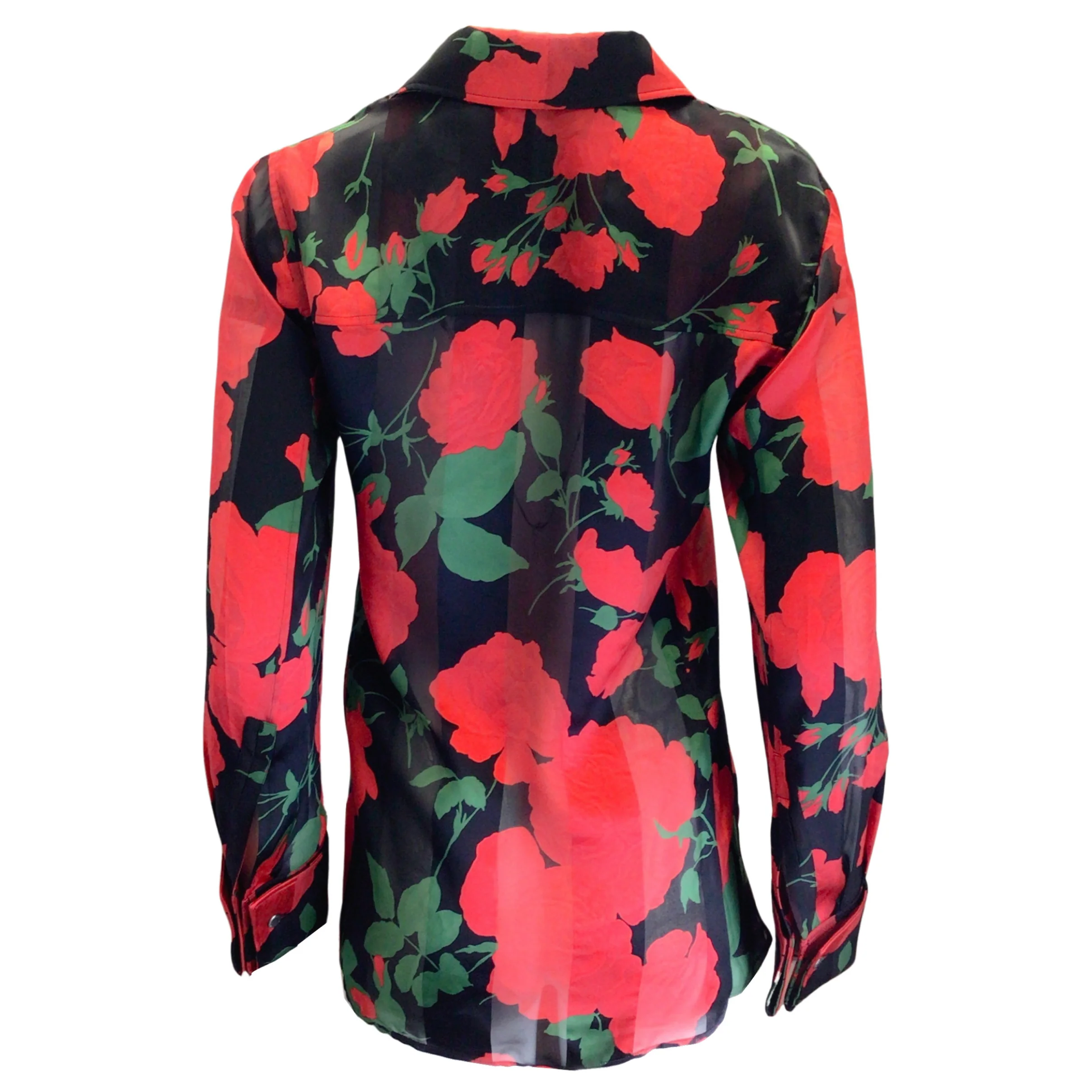 Saint Laurent Black / Red / Green 2022 Floral Rose Print Button-down Silk Shirt - Image 3