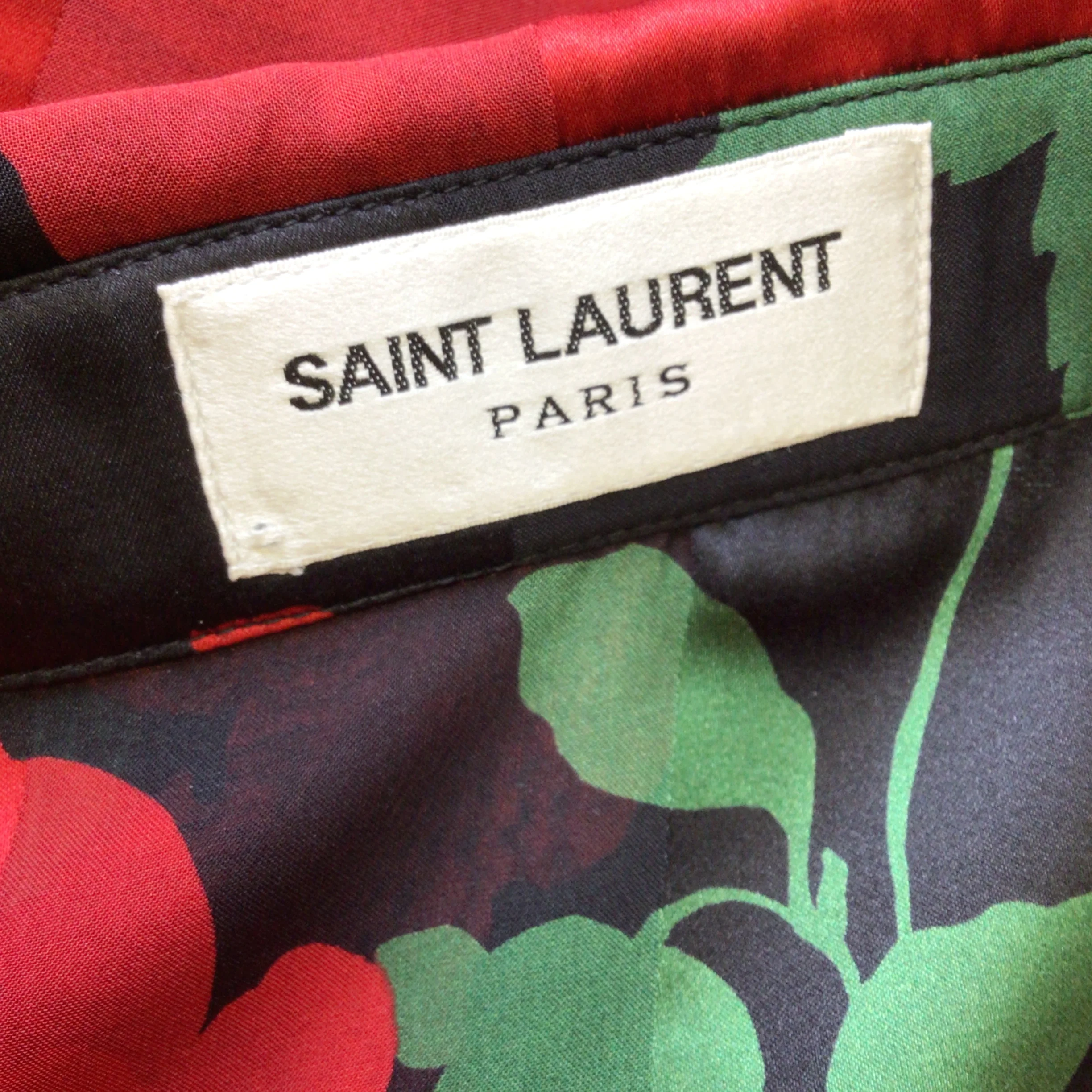Saint Laurent Black / Red / Green 2022 Floral Rose Print Button-down Silk Shirt - Image 4