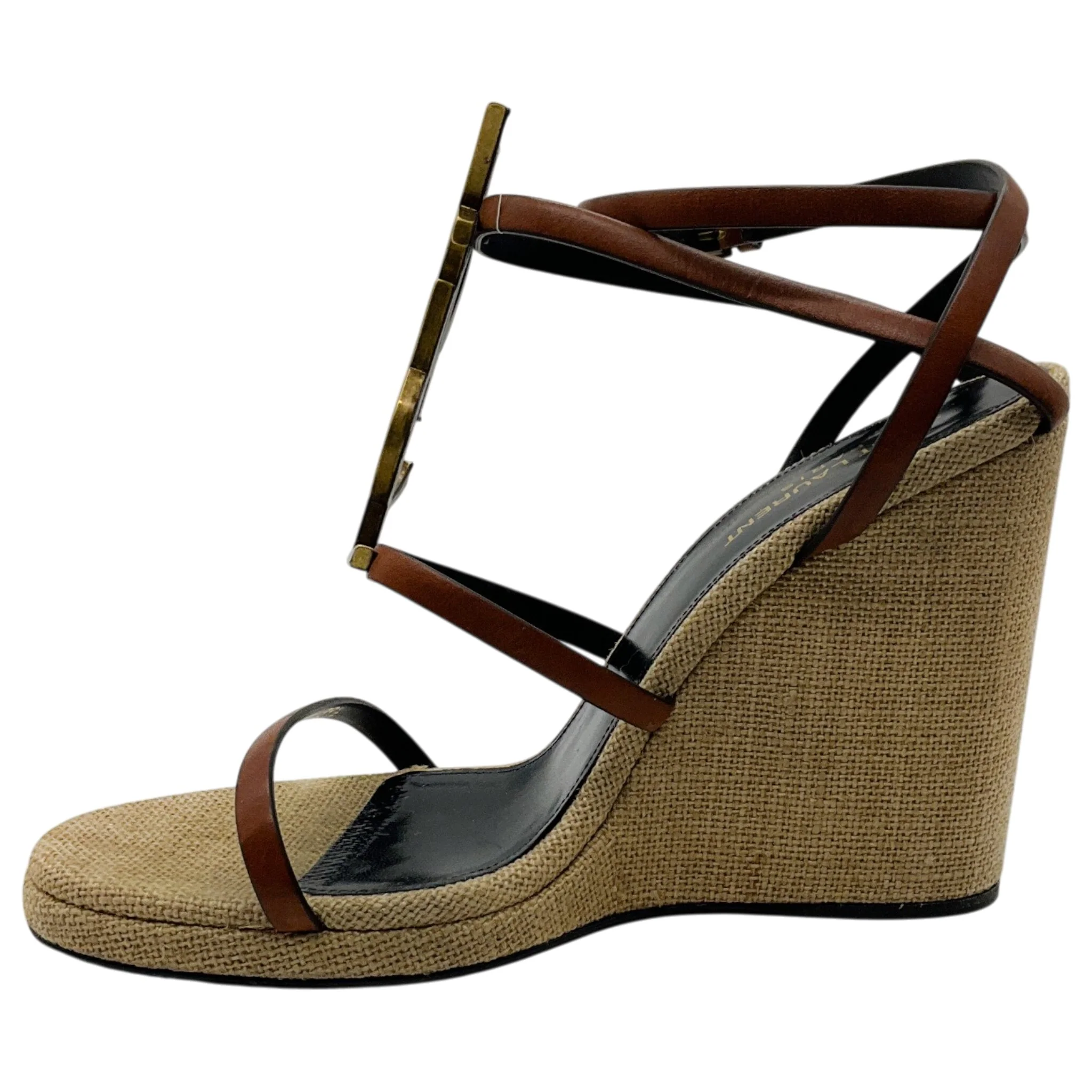 Saint Laurent Brown / Natural Cassandra 105 Wedge Sandals - Image 3