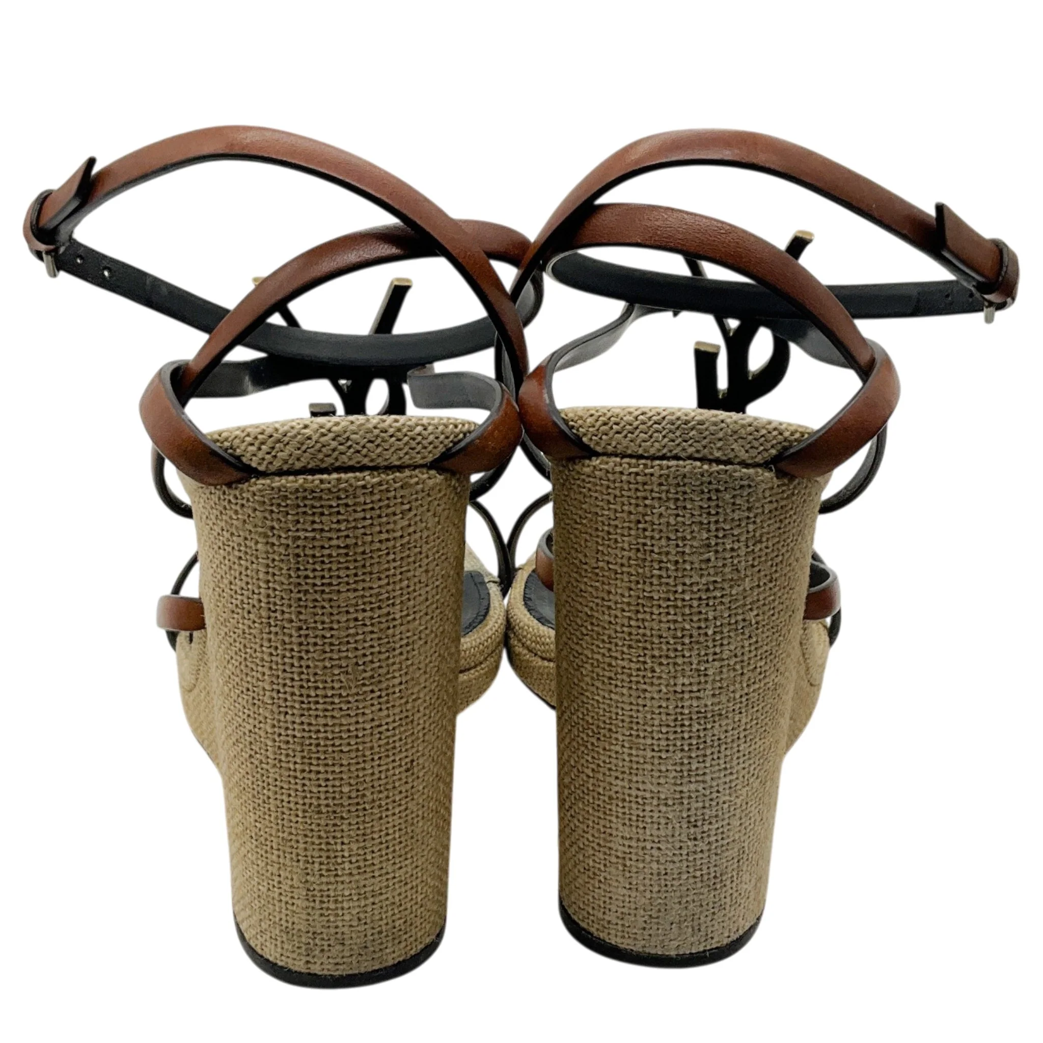 Saint Laurent Brown / Natural Cassandra 105 Wedge Sandals - Image 5