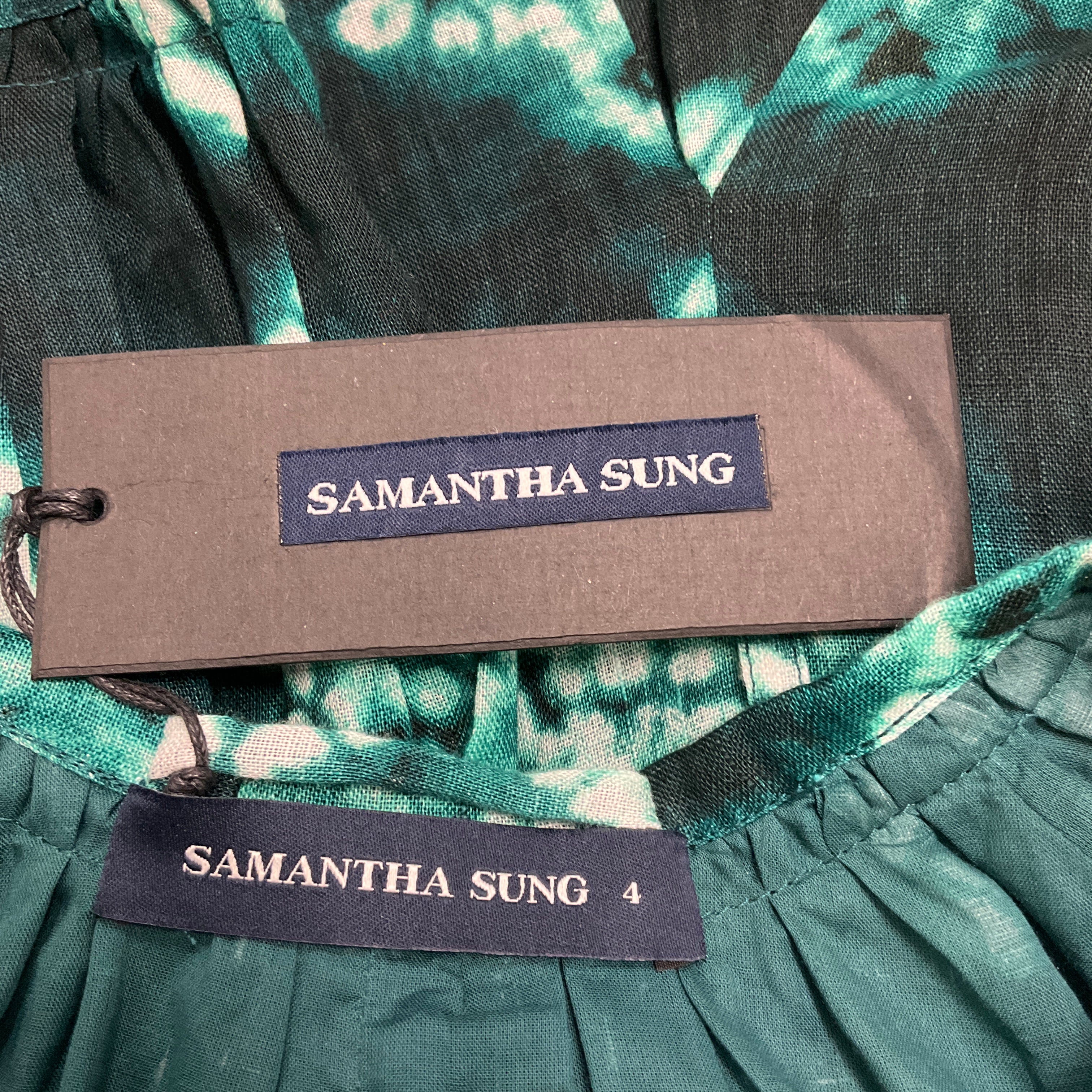 Samantha Sung Jade Shibori Star Linen 3/4 Puff Sleeve Crew Neck Mini Birdy Dress - Image 4