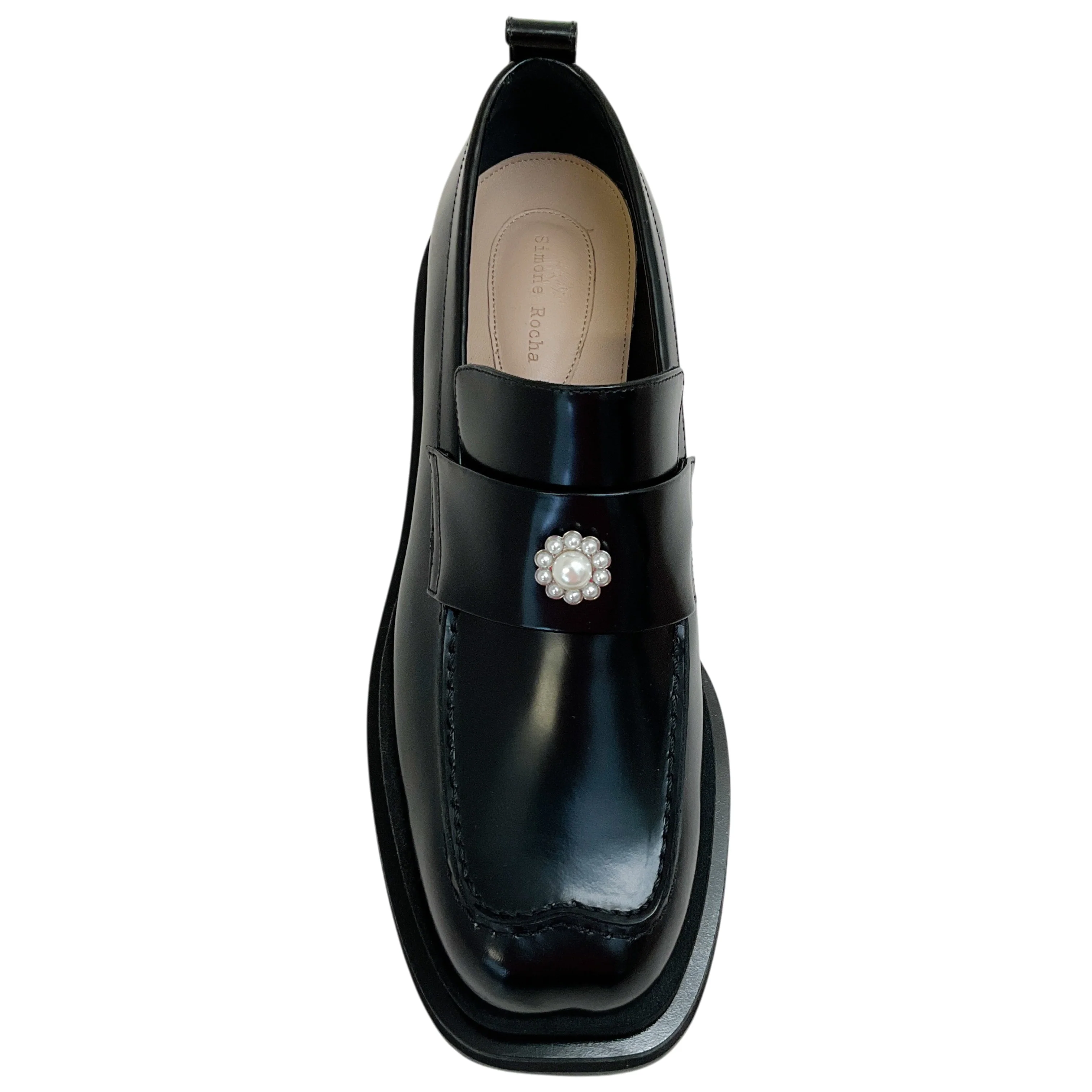 Simone Rocha Black Polished Leather Loafers with Pearl Embellishment - Image 4