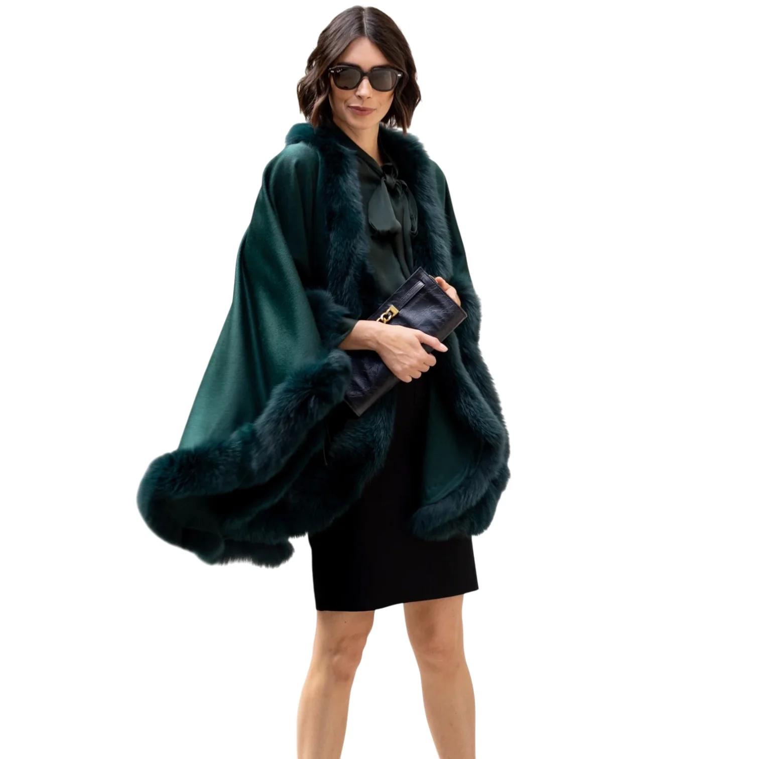 Sofia Cashmere Emerald Green Cervinia Fur Trimmed Cape - Image 3
