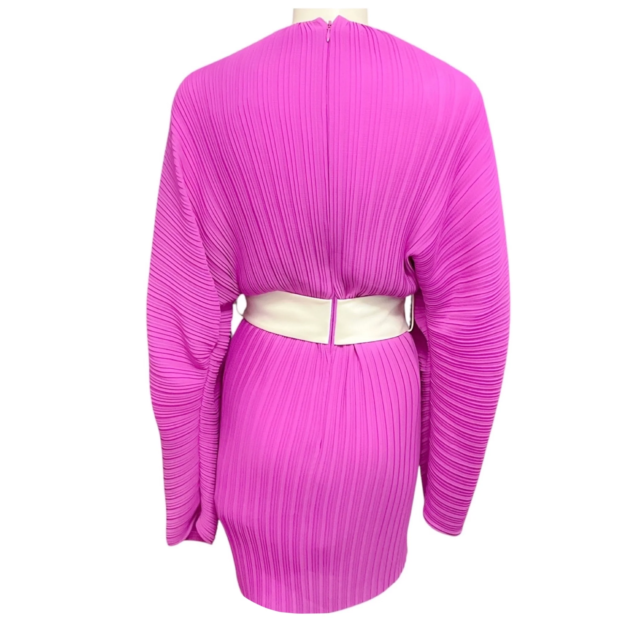 Solace London Magenta Tanzy Pleated Bow Waist Long Sleeve Mini Dress - Image 3