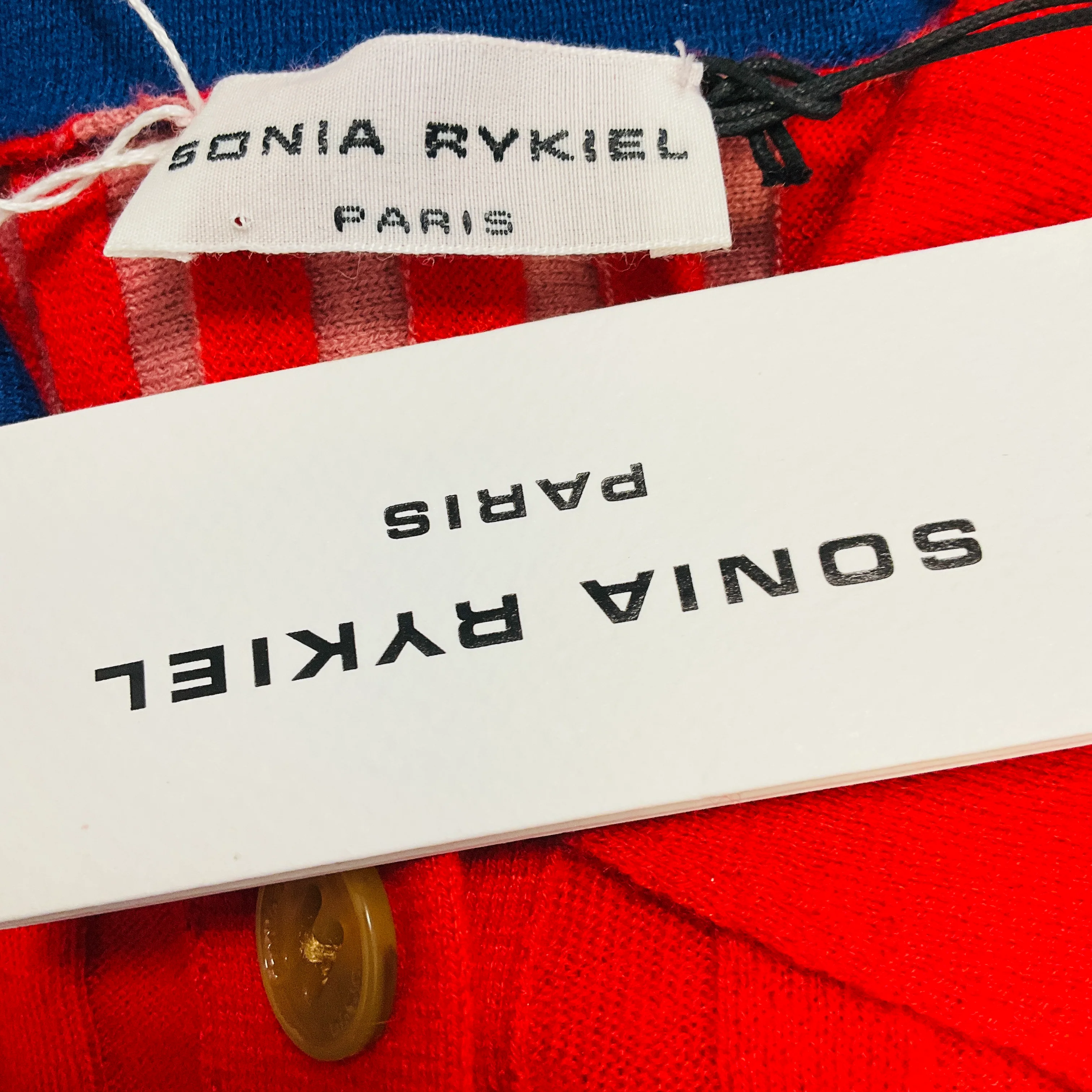 Sonia Rykiel Red / Navy Blue Striped Cashmere Knit Polo Sweater - Image 4