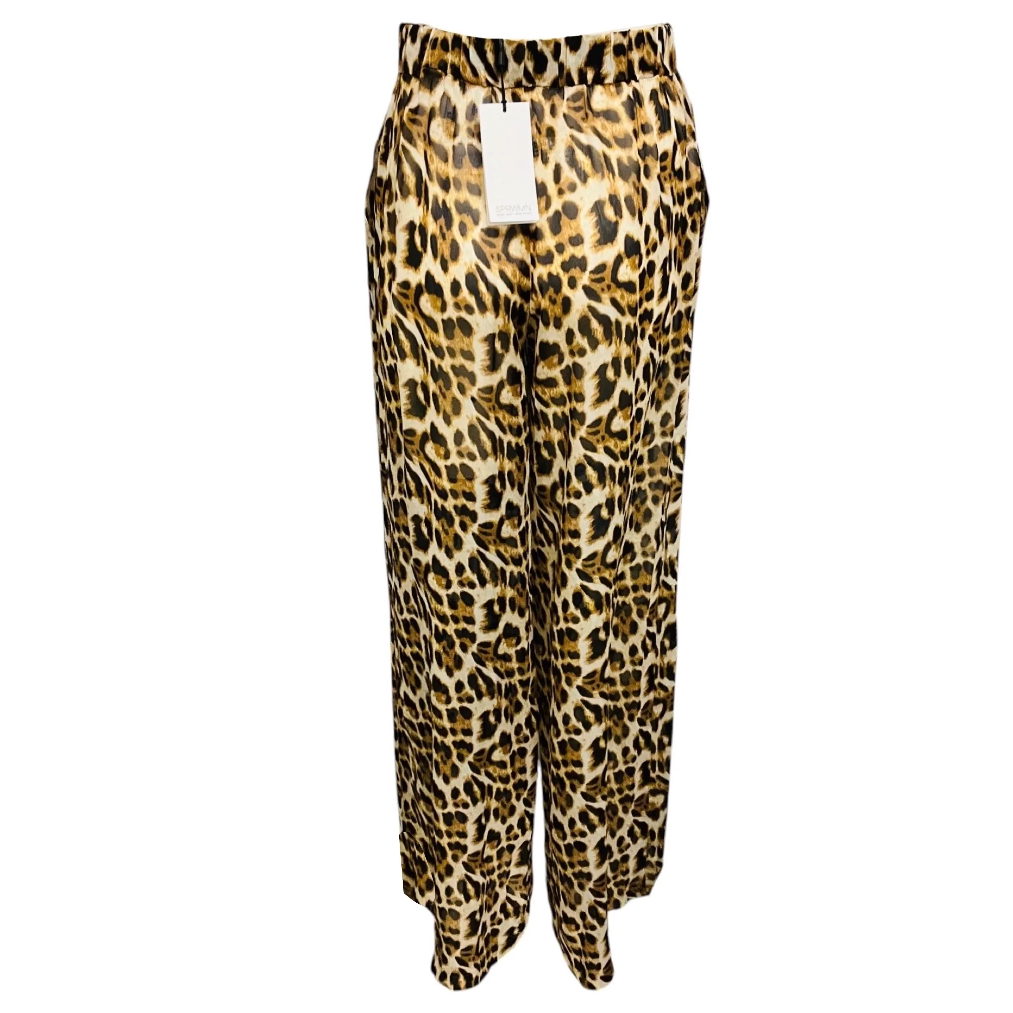 SPRWMN Tan / Brown Multi Animal Print Silk Chiffon Wide Leg Trousers - Image 3