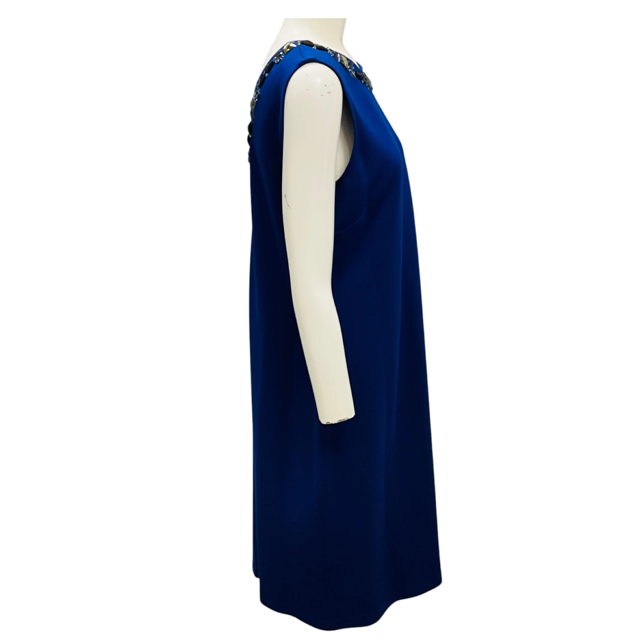 St. John Blue Jewel Embellished Neck Sleeveless Knit Shift Dress - Image 2