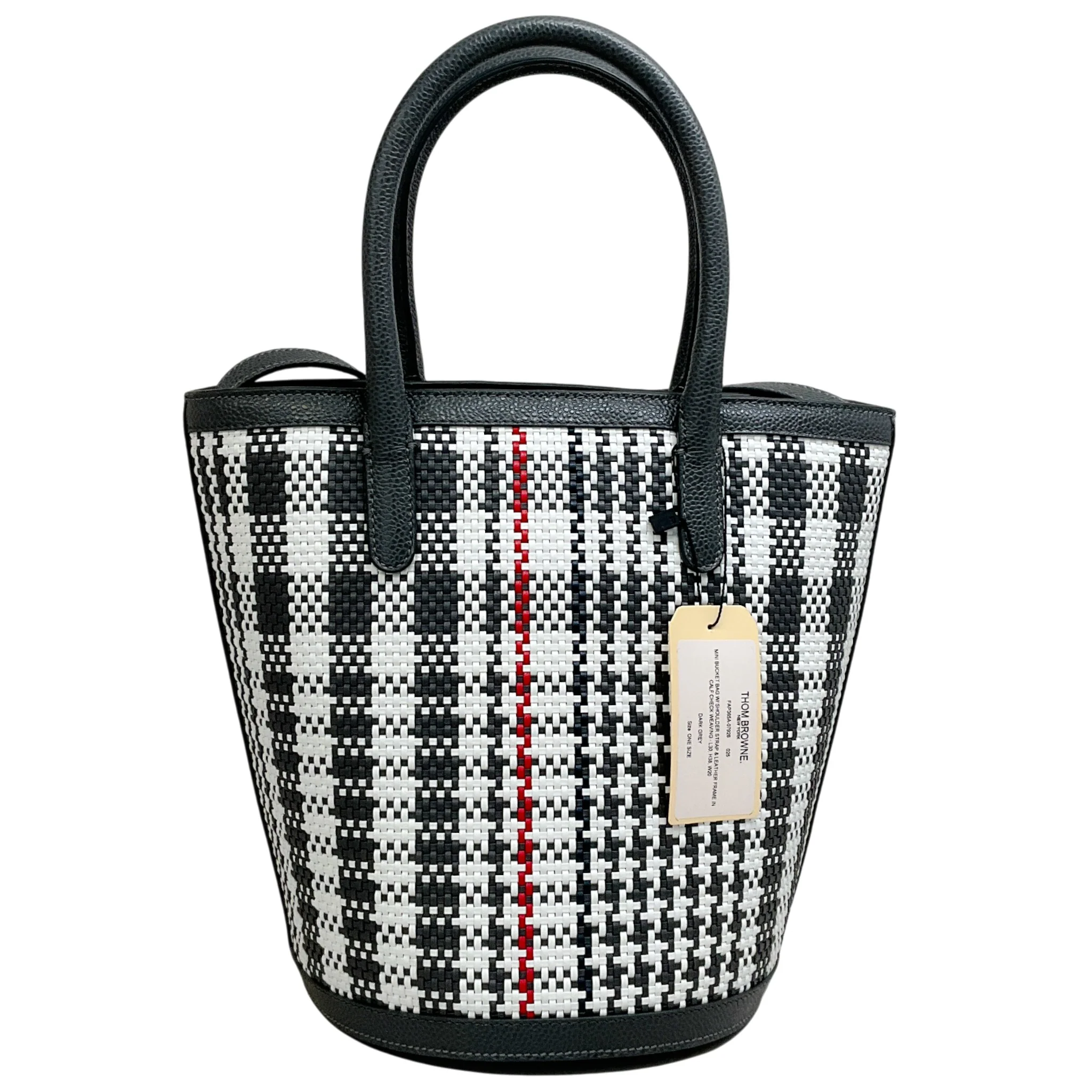 Thom Browne Dark Grey Checked Woven Leather Bucket Bag - Image 3