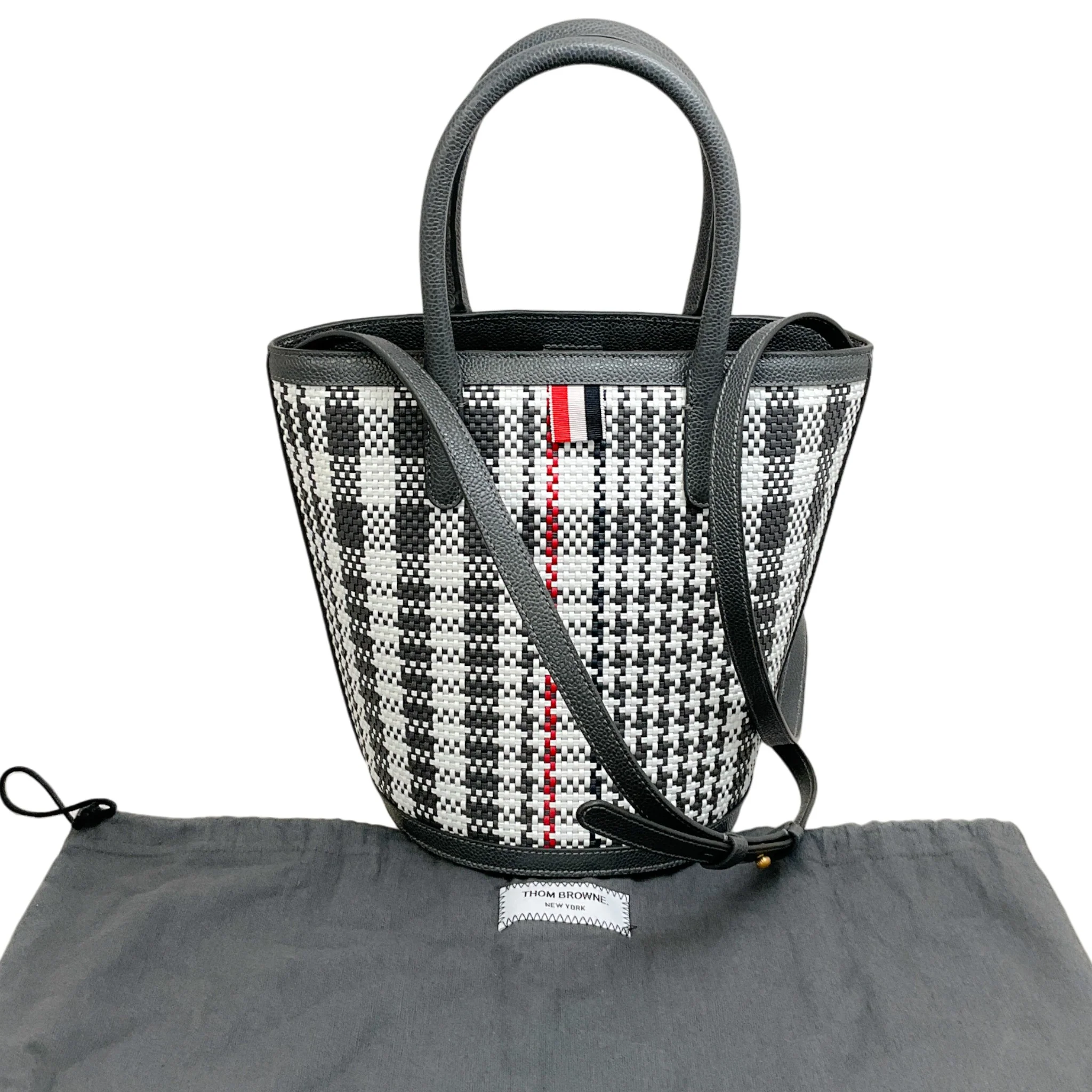 Thom Browne Dark Grey Checked Woven Leather Bucket Bag - Image 7