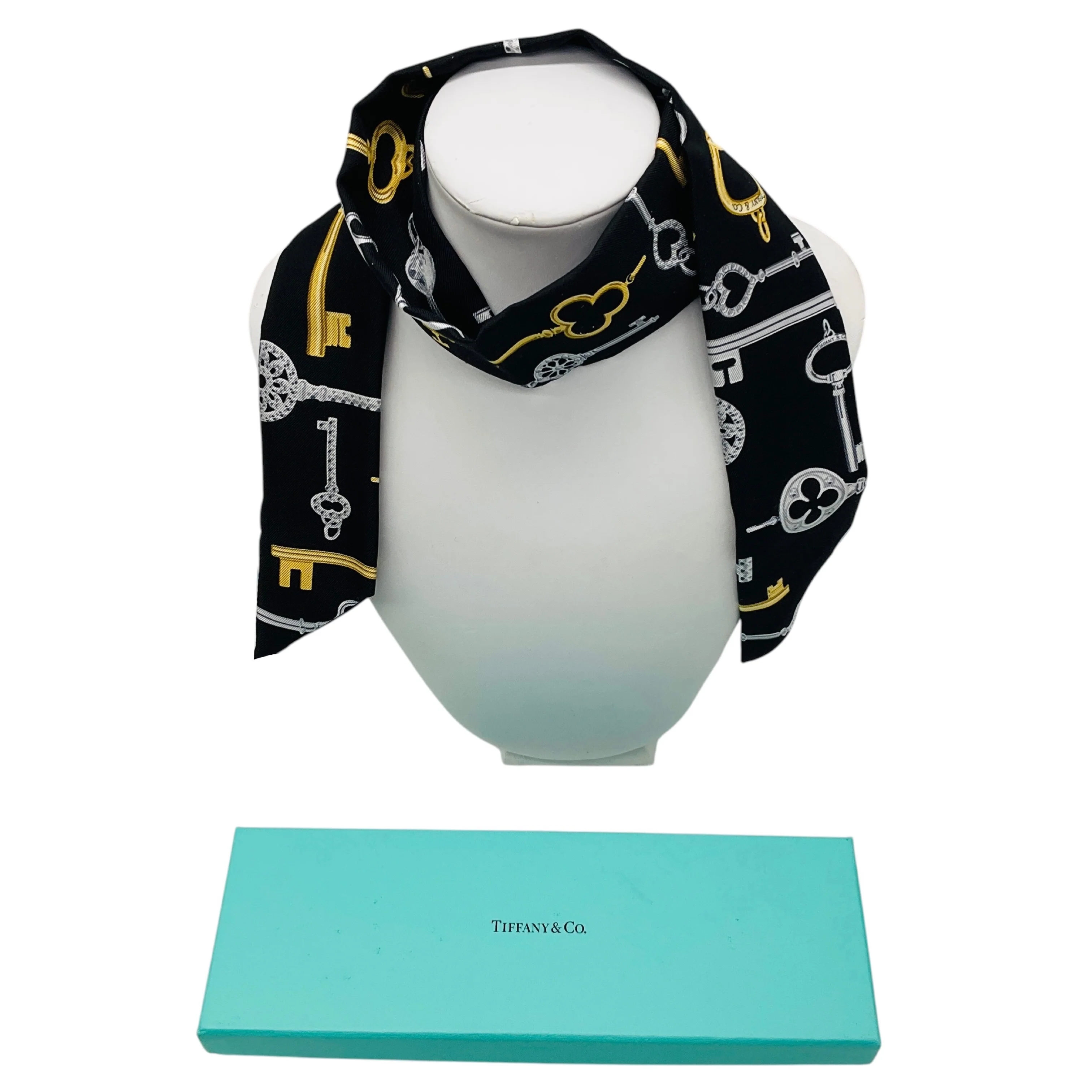 Tiffany & Co Black / Silver / Gold Key Print Silk Twilly Scarf - Image 4