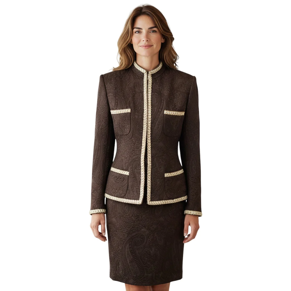 Tissus Ungaro Premiere Paris Vintage Brown Damask Jacquard Brocade Jacket and Skirt Suit Set - Image 5