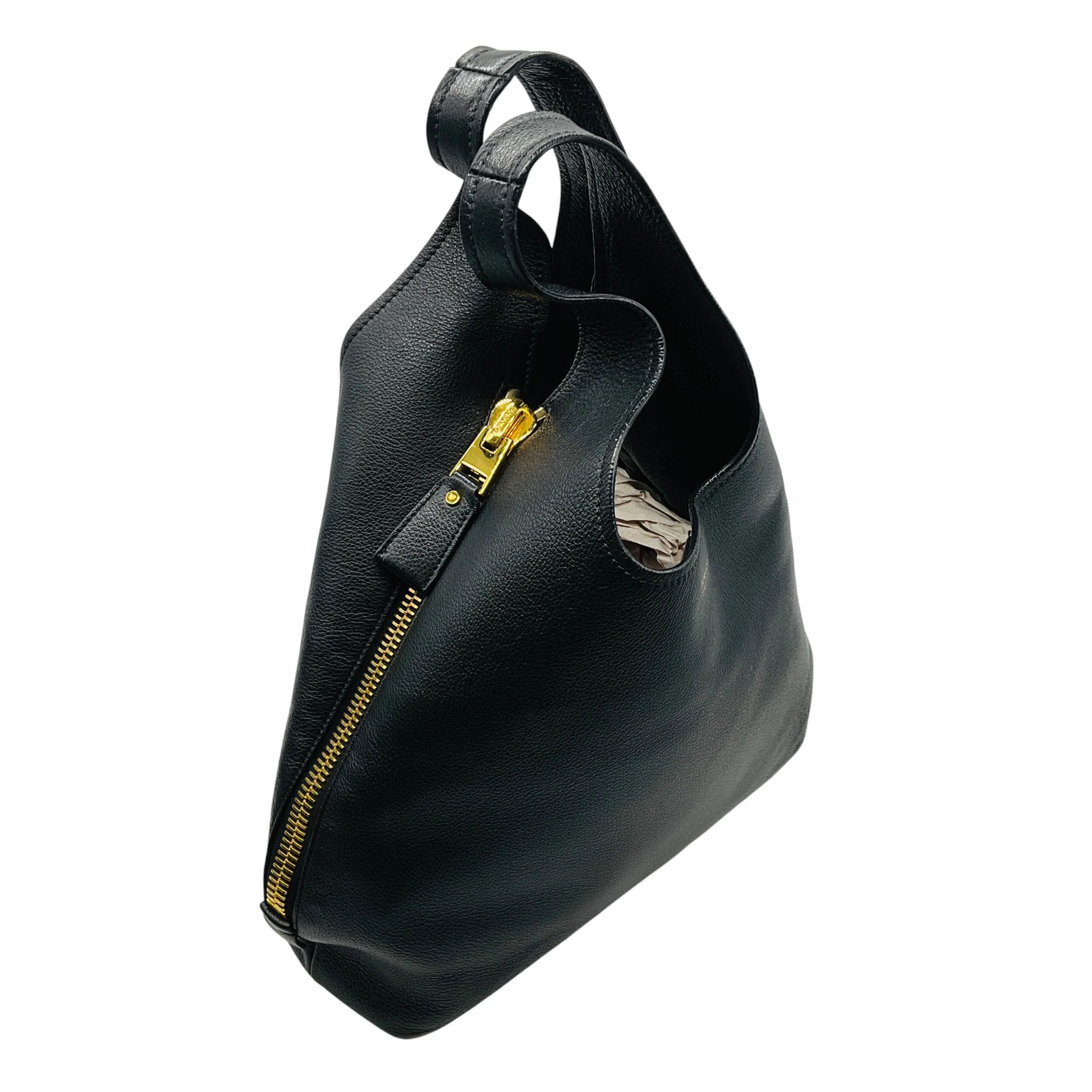 Tom Ford Black / Gold Zipper Detail Grained Leather Hobo Bag - Image 5
