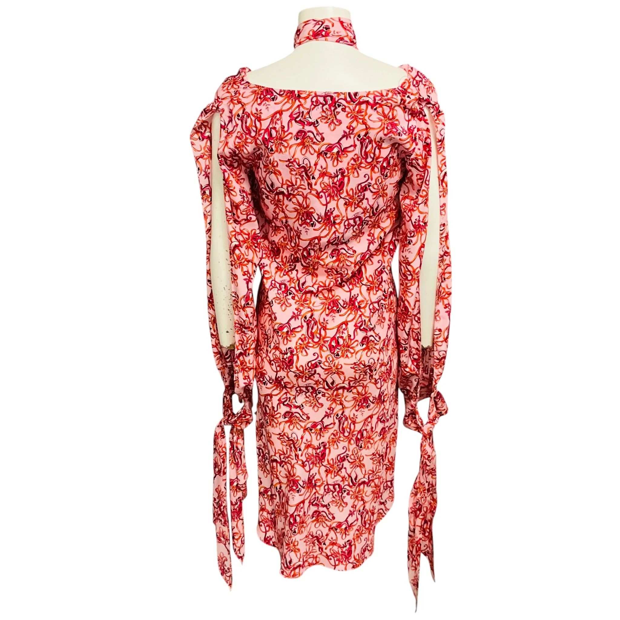 Tuleh Pink / Red Multi Printed Silk Dress with Scarf - Image 3