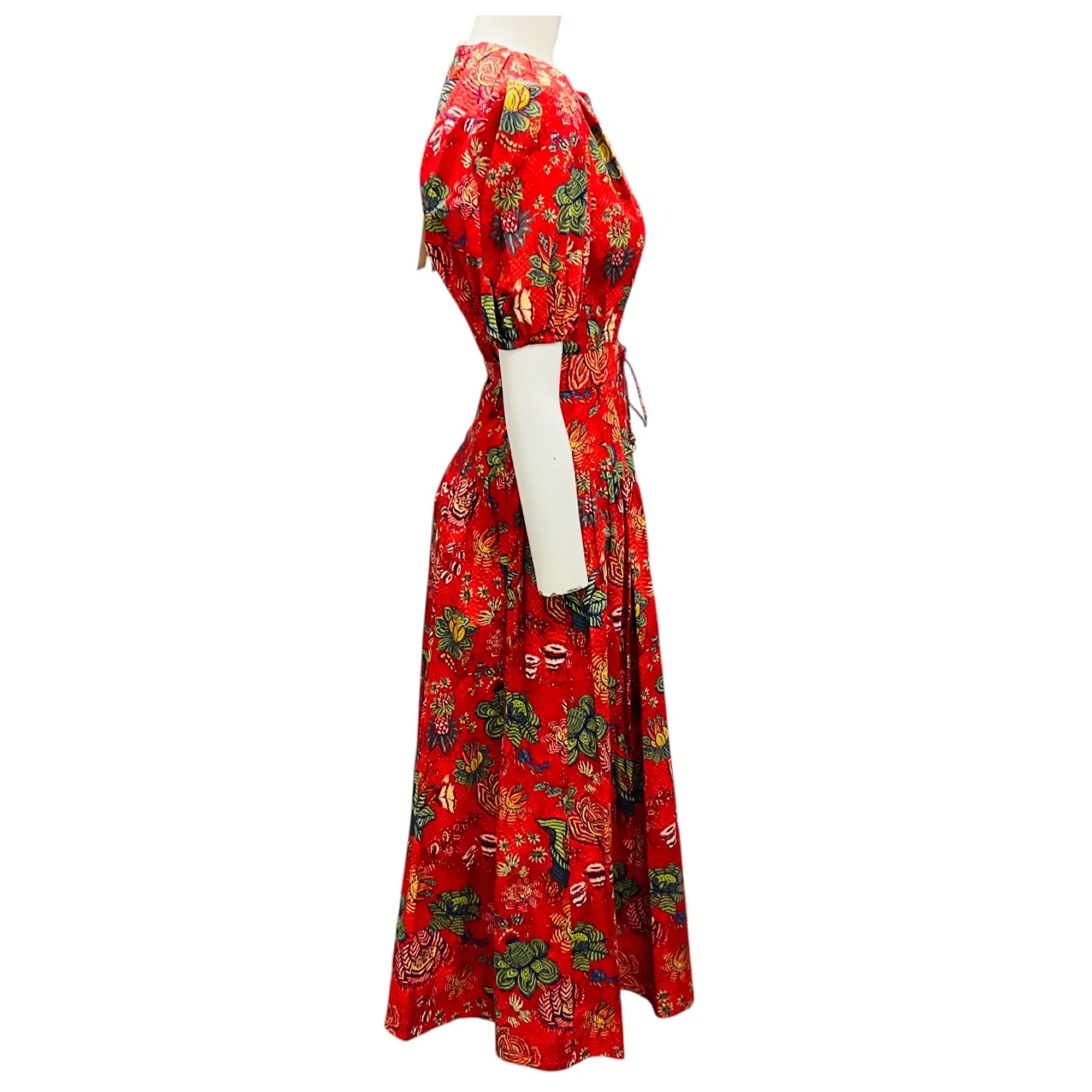 Ulla Johnson Red Multi Carina Hibiscus Floral Print Puff Sleeve Cotton Midi Dress - Image 2