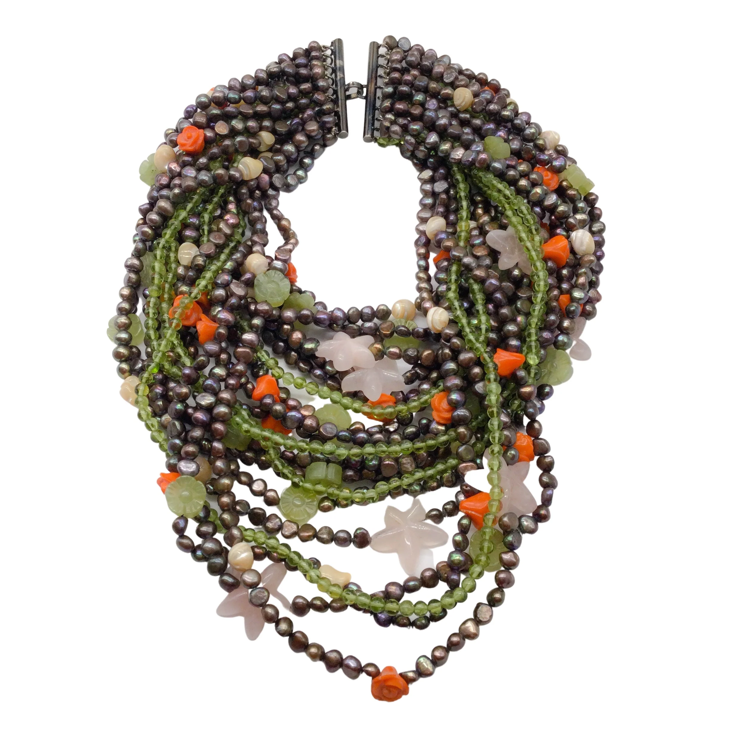 Green / Orange Multi Strand Floral and Star Beaded Necklace - Image 5