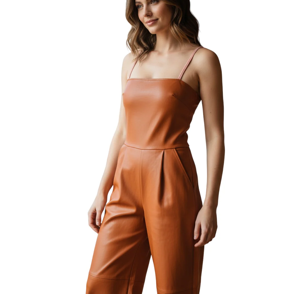 Understated Leather Tan Lamb Leather Jumpsuit - Image 5