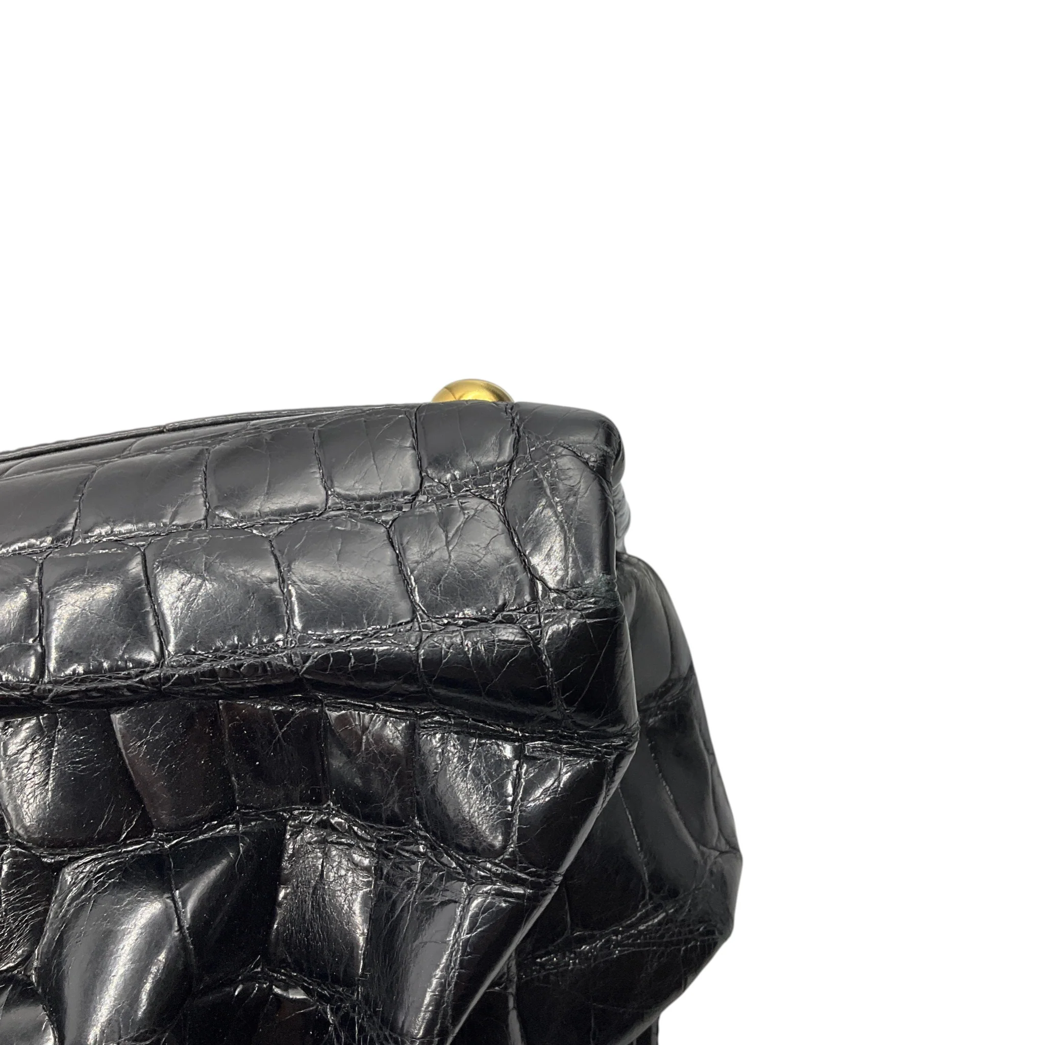Valentino Black / Gold Hardware Studded Crocodile Skin Leather Satchel Handbag - Image 11