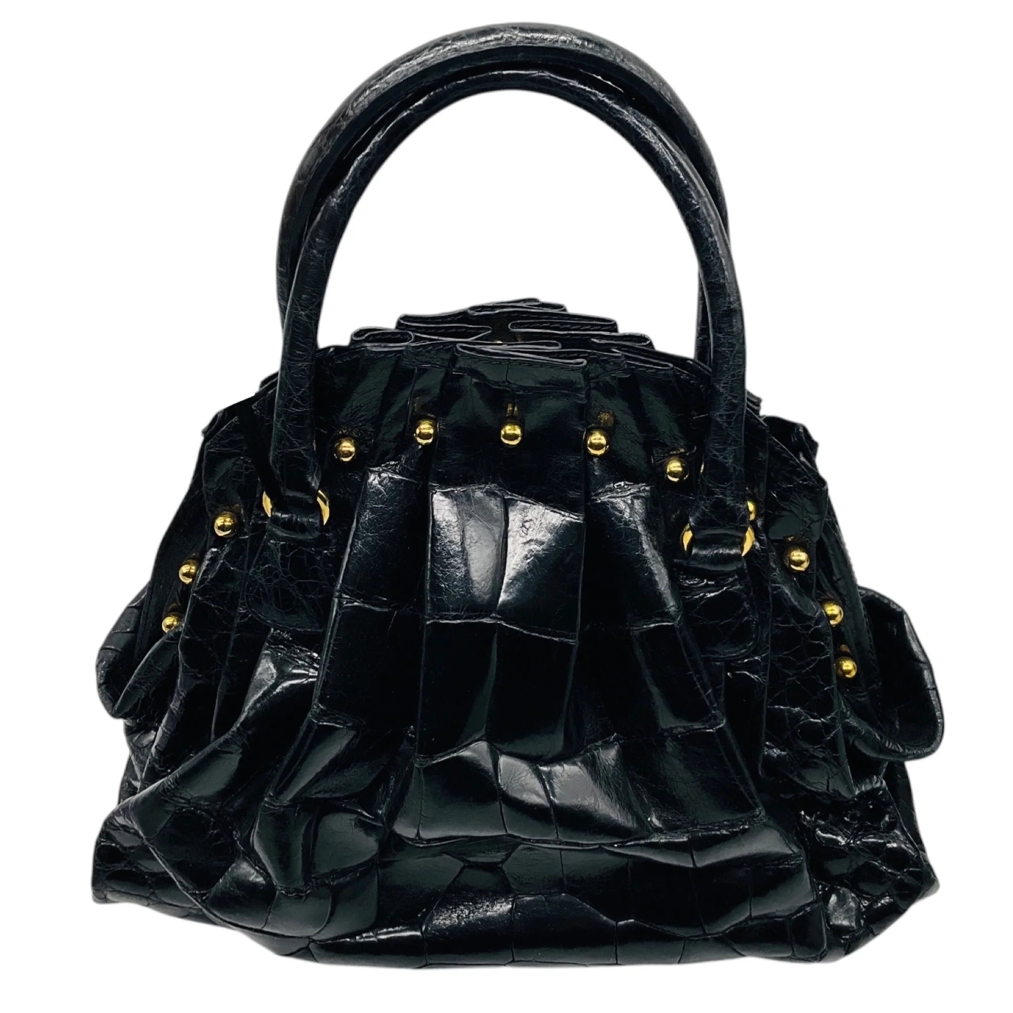 Valentino Black / Gold Hardware Studded Crocodile Skin Leather Satchel Handbag - Image 3
