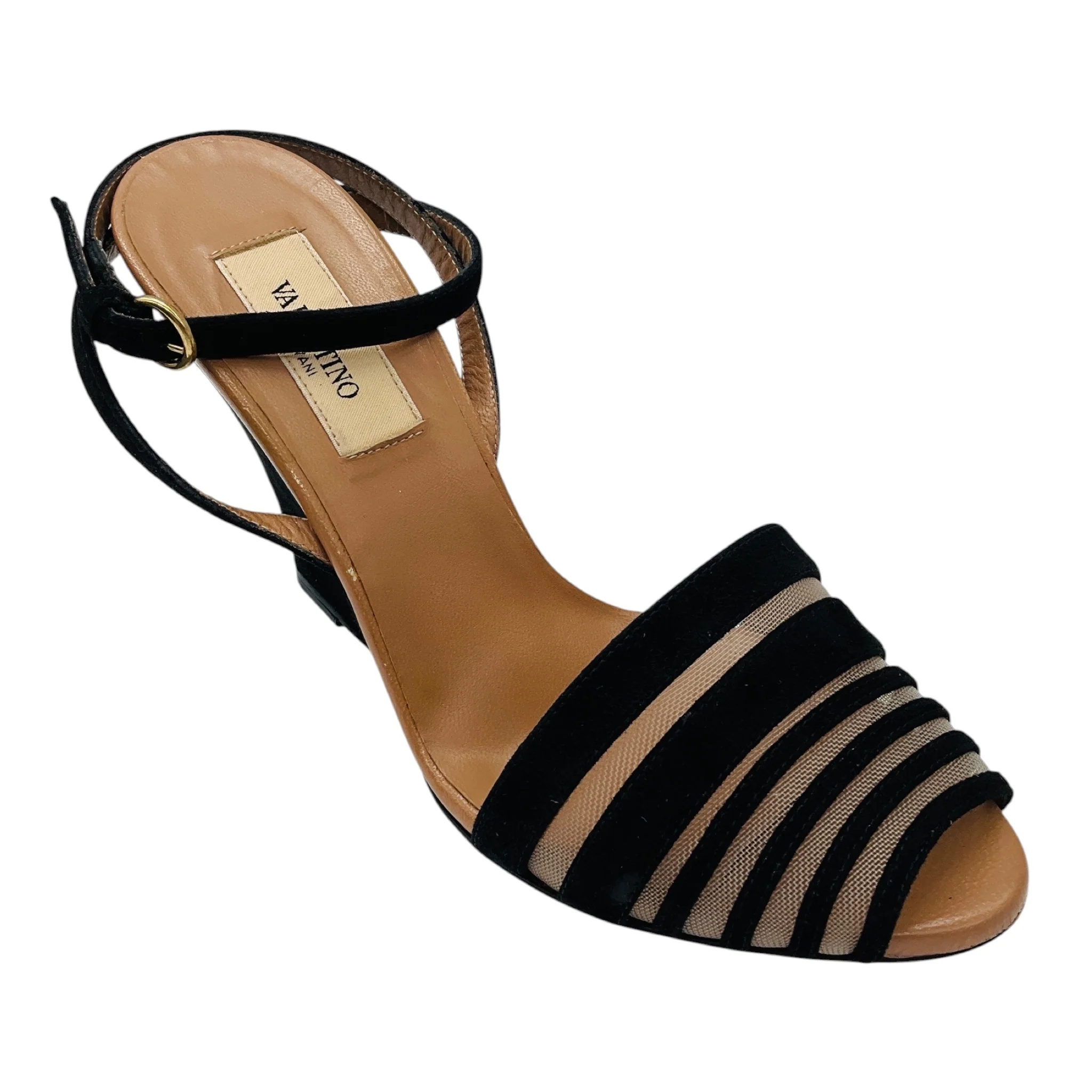 Valentino Black / Nude Suede and Mesh Tulle Ankle Strap Wedge Sandals