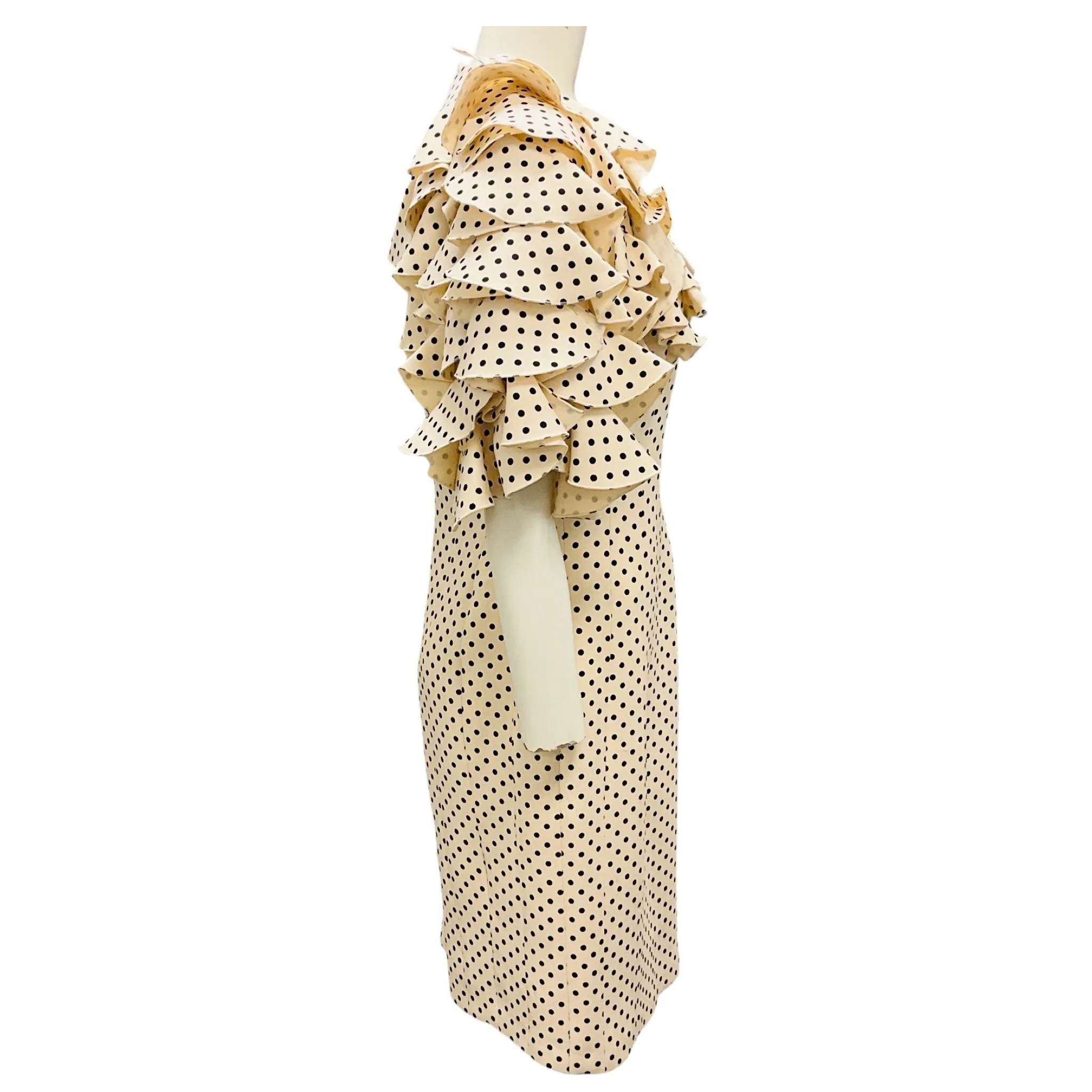 Valentino Ivory / Black Ruffled Polka Dot Print Crepe Cocktail Dress - Image 2