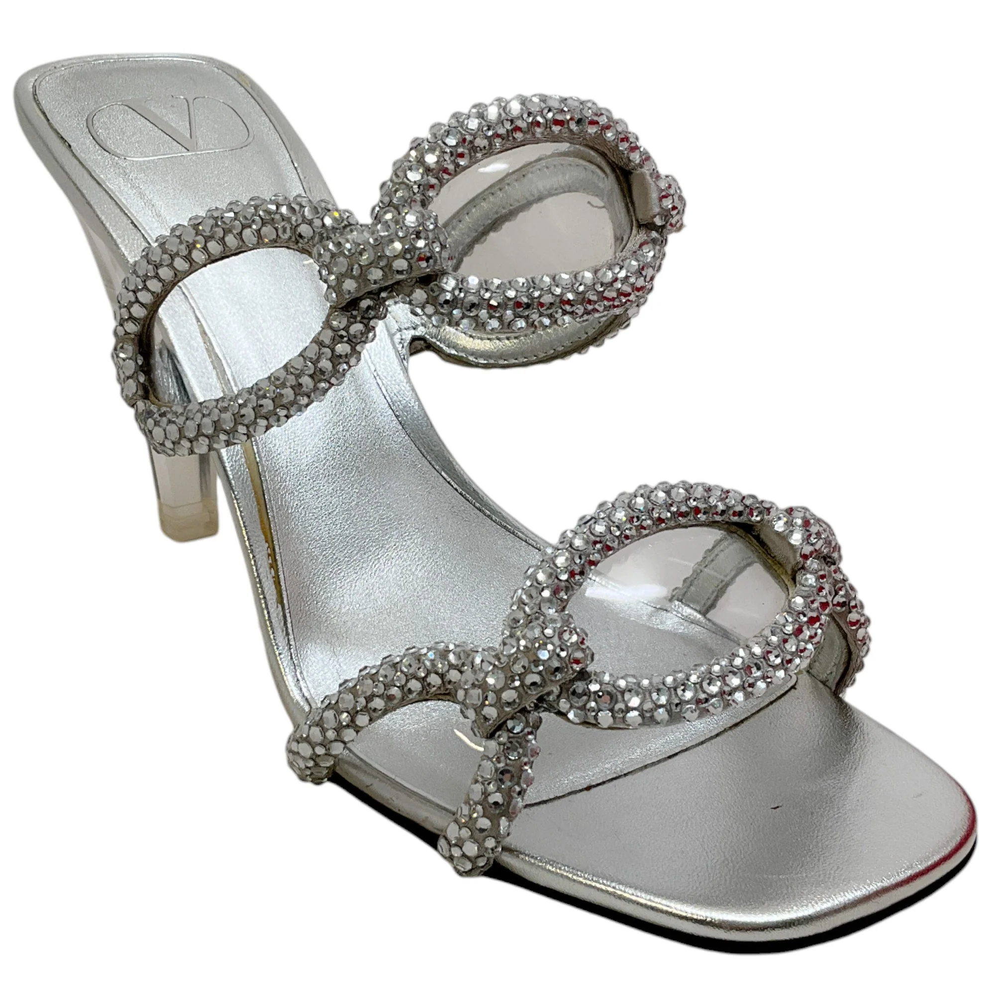 Valentino Silver Leather Chain 1967 Crystal Embellished Slide Sandals