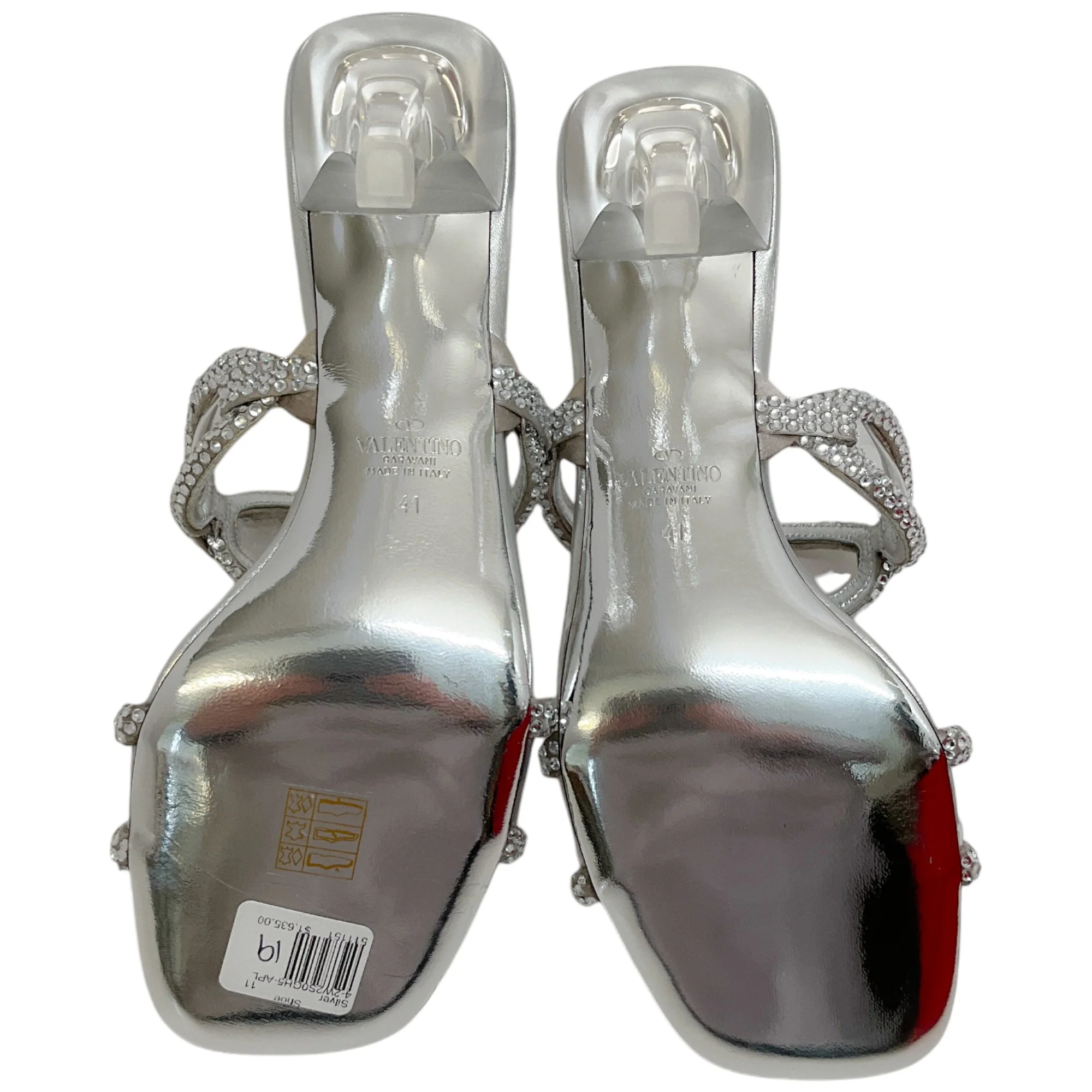 Valentino Silver Leather Chain 1967 Crystal Embellished Slide Sandals - Image 11