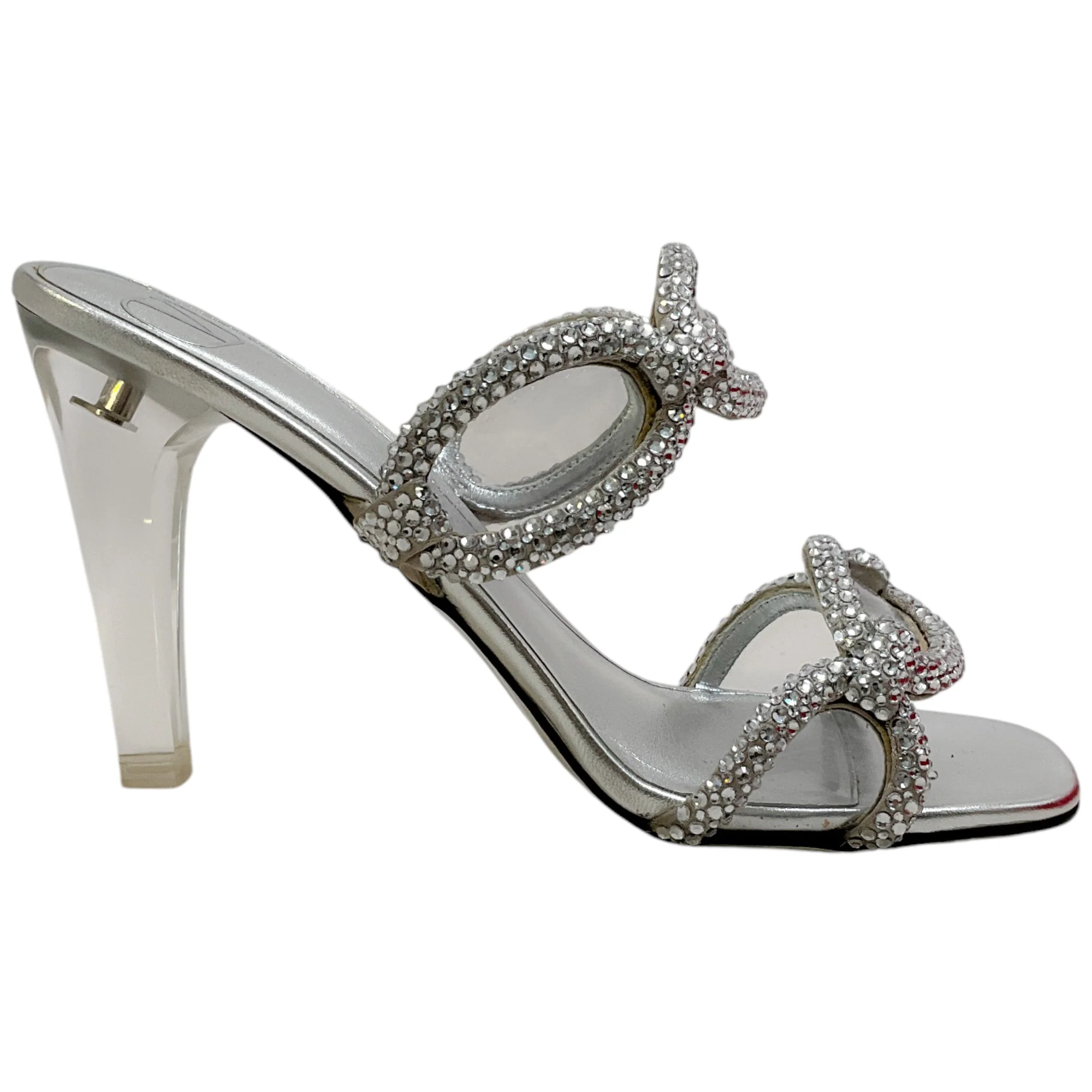 Valentino Silver Leather Chain 1967 Crystal Embellished Slide Sandals - Image 2