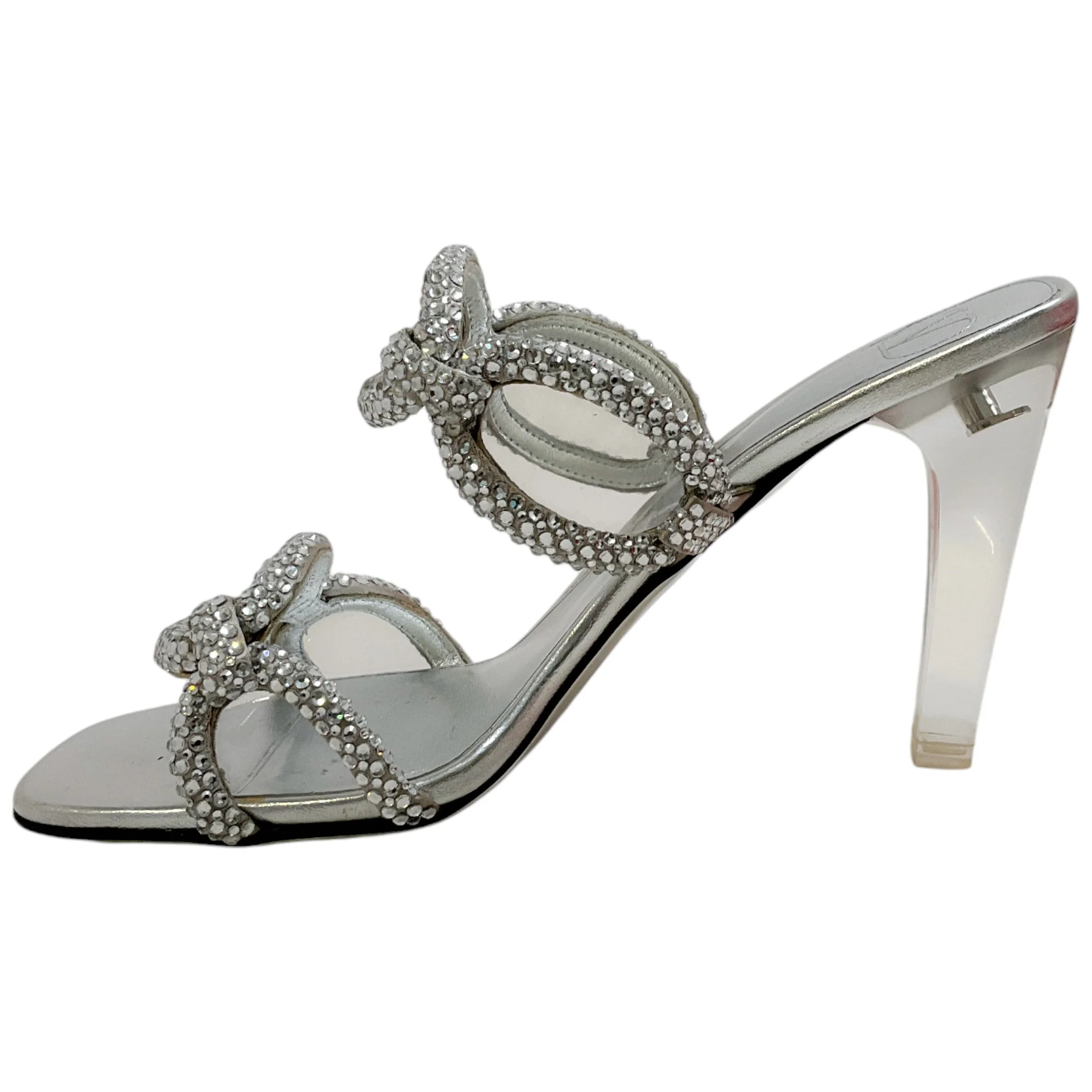 Valentino Silver Leather Chain 1967 Crystal Embellished Slide Sandals - Image 3