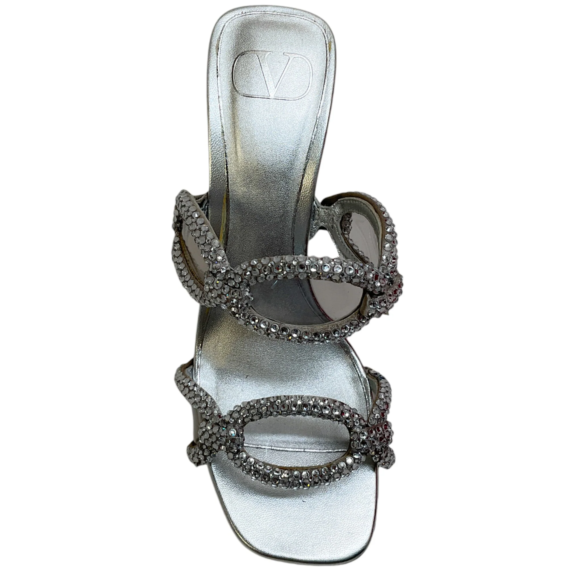 Valentino Silver Leather Chain 1967 Crystal Embellished Slide Sandals - Image 4