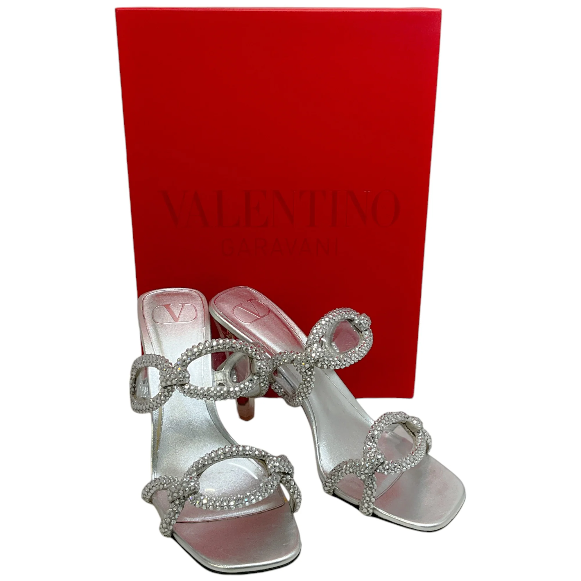 Valentino Silver Leather Chain 1967 Crystal Embellished Slide Sandals - Image 6