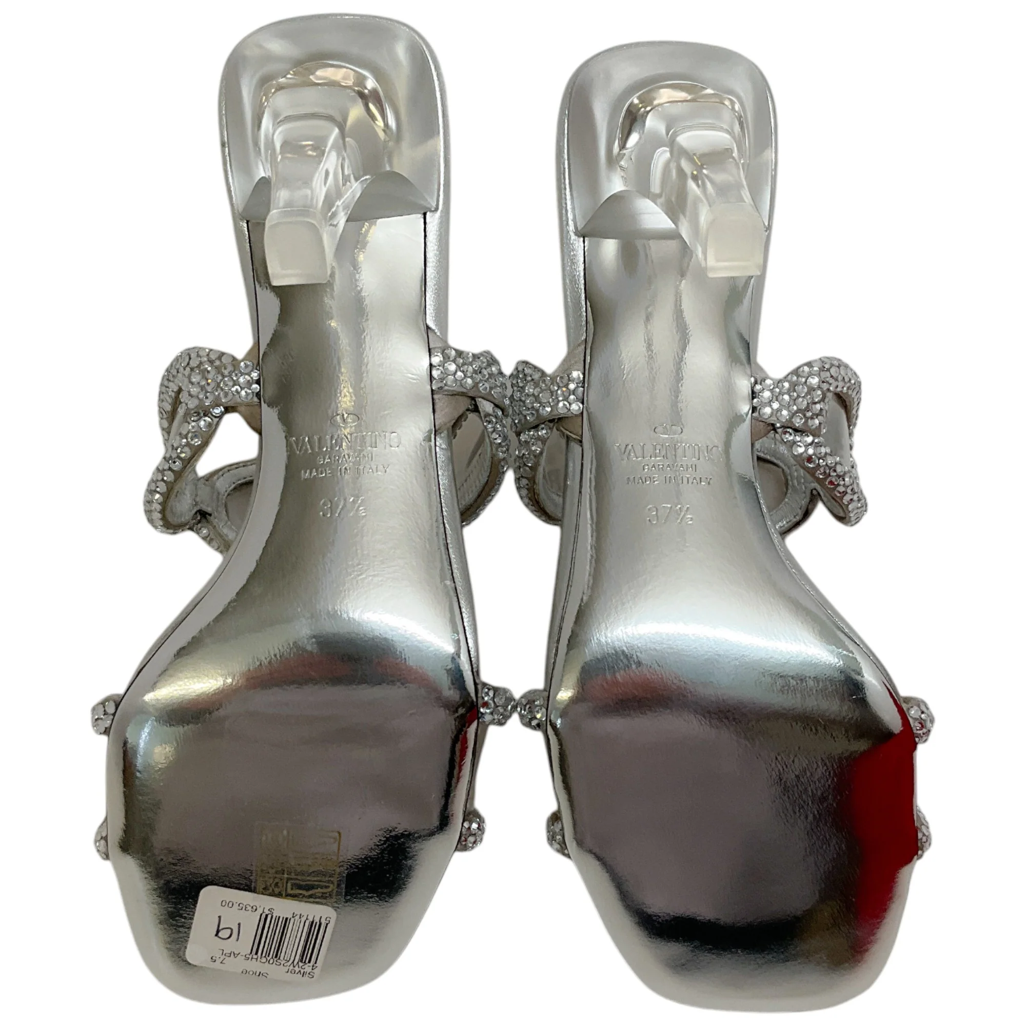 Valentino Silver Leather Chain 1967 Crystal Embellished Slide Sandals - Image 7