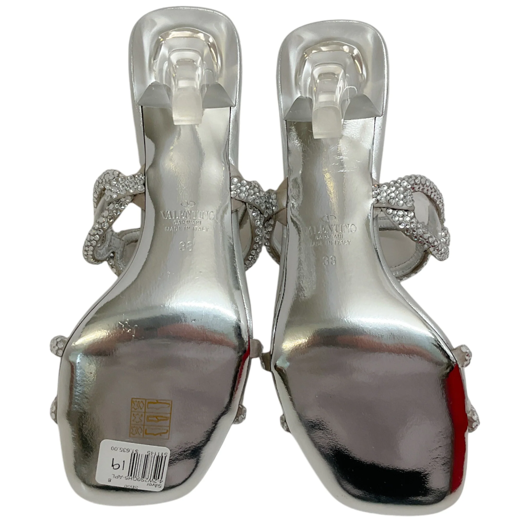 Valentino Silver Leather Chain 1967 Crystal Embellished Slide Sandals - Image 8