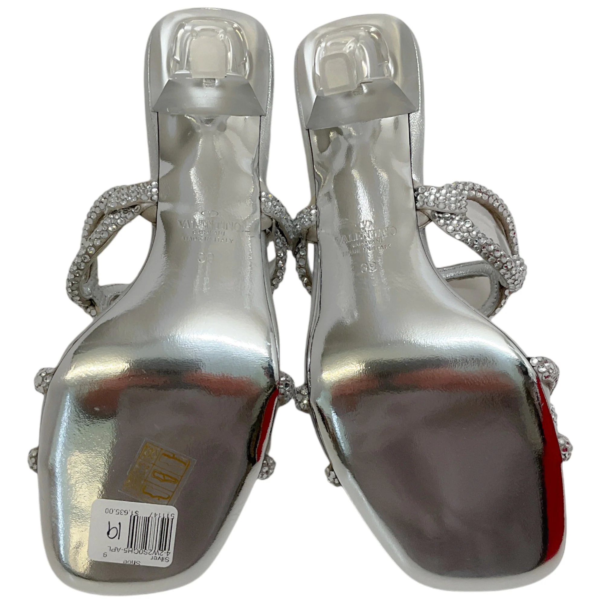 Valentino Silver Leather Chain 1967 Crystal Embellished Slide Sandals - Image 9