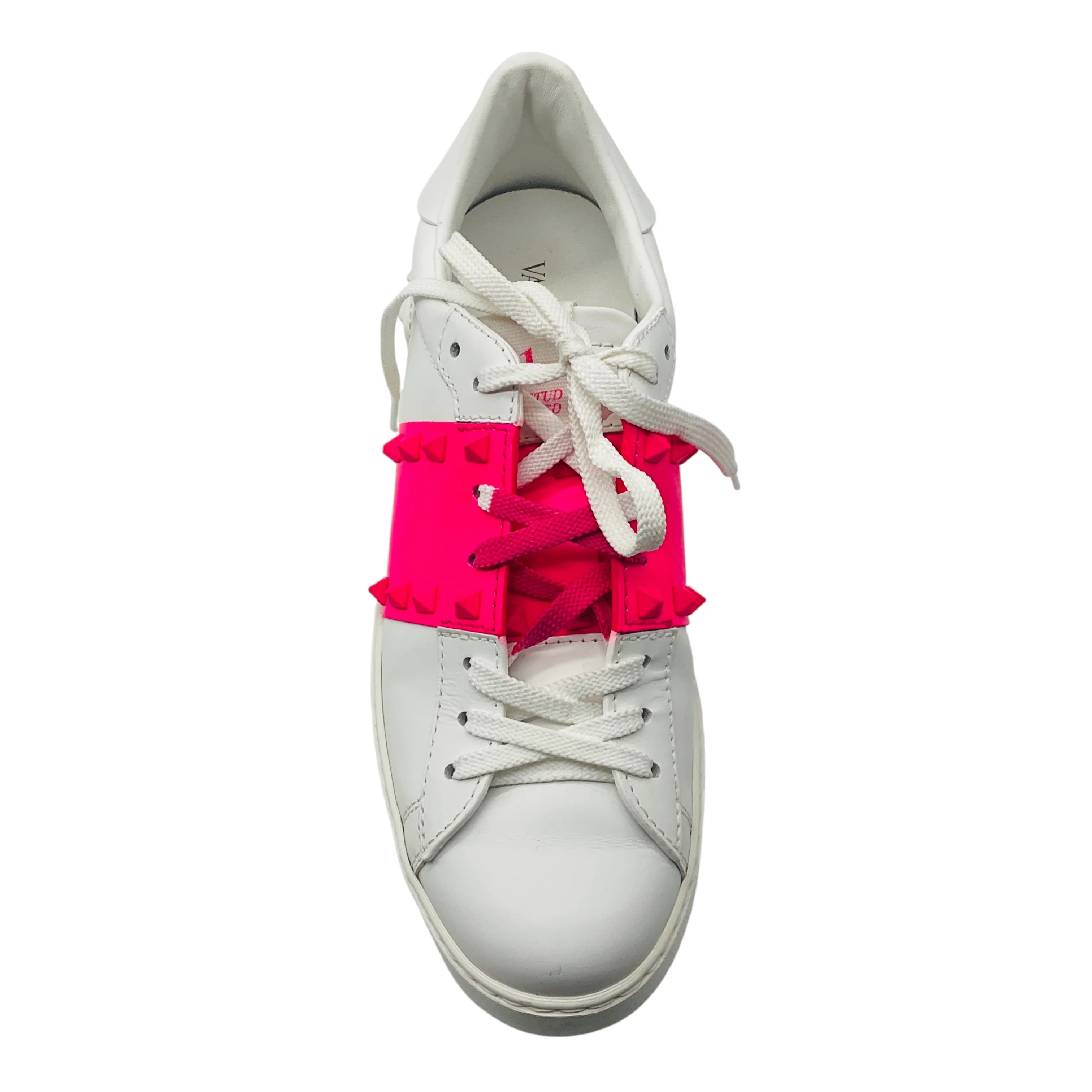 Valentino White / Hot Pink Rockstud Untitled Leather Sneakers - Image 4